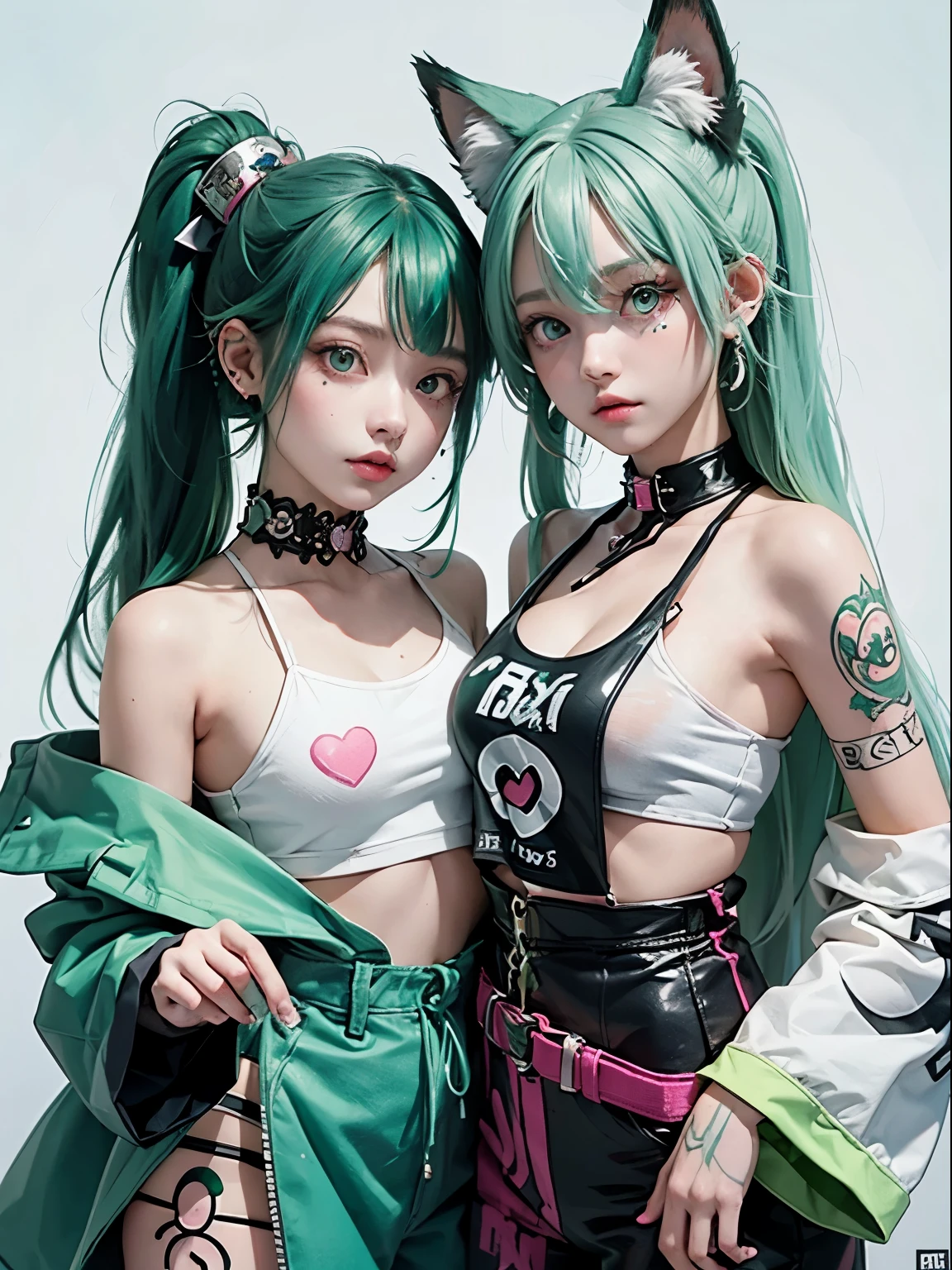 2 girls, neon green hair, moonlight eyes, fox ear, tattoo sleeves and piercings ((Anime style)), Harajuku-inspired hip-hop clothing, soft colors, neon paint splattered background, Soft stroke