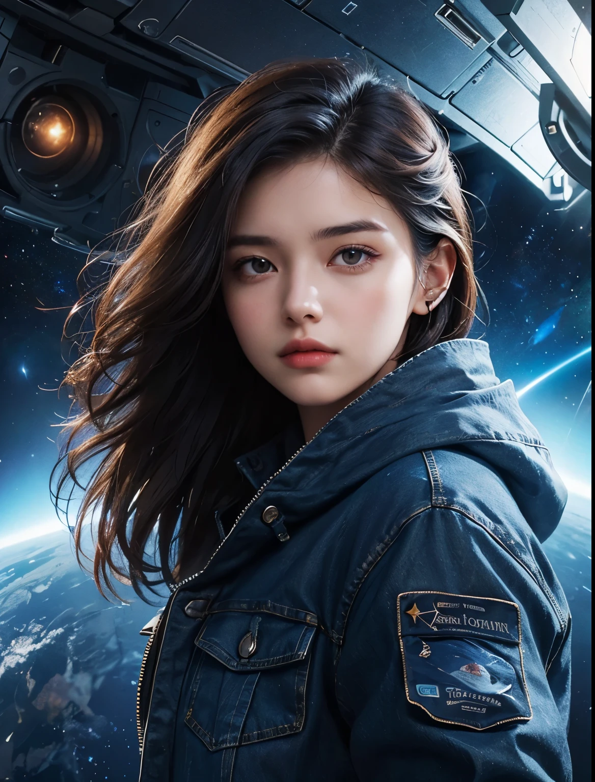 A beautiful woman. Twenty-three years old. Dark brown hair. She wears blue jeans with her jacket. She is looking at the camera with a defiant expression. An image of a giant space battleship and outer space in the space behind her.