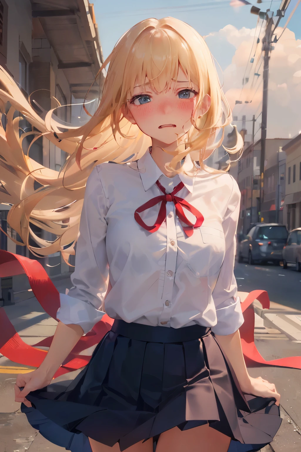 Tanned girl, blond hair, red ribbon, ((frustrated expression)), white shirt, navy pleated skirt, (facing the front),(((skirt being rolled up in the wind))),(((blushing cheeks, Embarrassed expression))), station, background blur