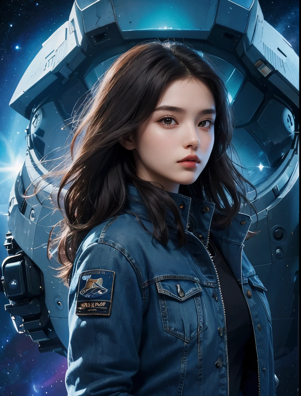 A beautiful woman. Twenty-three years old. Dark brown hair. She wears blue jeans with her jacket. She is looking at the camera with a defiant expression. An image of a giant space battleship and outer space in the space behind her.