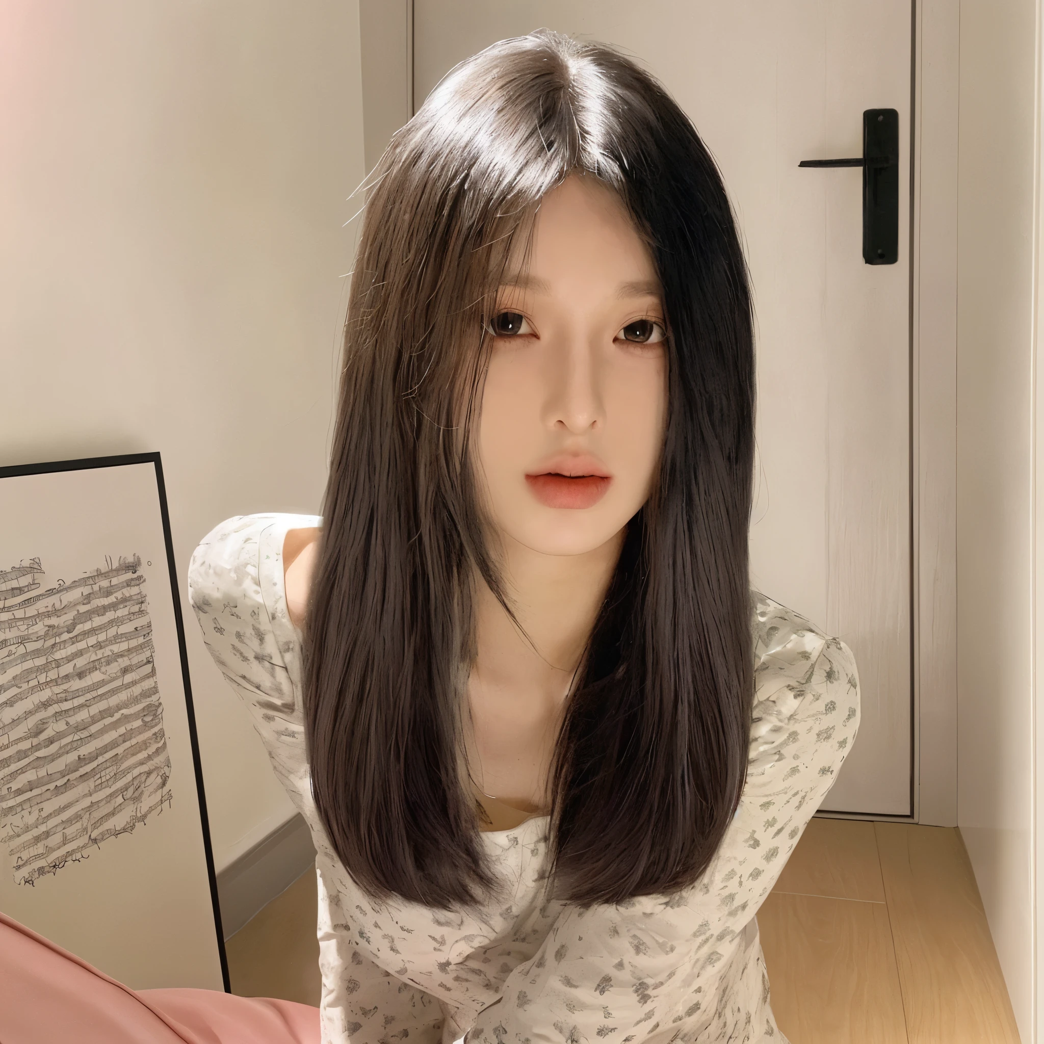 Long straight hair with middle parting bangs,Hair color uniform black,Character hair is natural and beautiful
