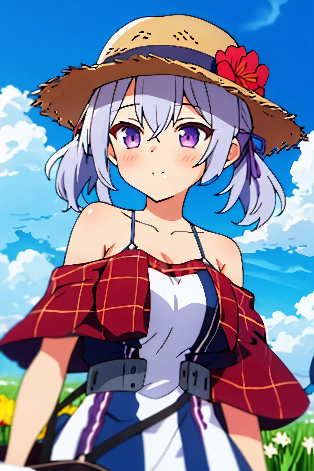 (masterpiece), (best quality),((****)),1girl,outdoors,solo,hat,dress,flower,tulip,purple eyes,long hair,white dress,looking at viewer,ribbon,pink flower,bangs,straw hat,day,sky,blush,hair ribbon,yellow flower,blue sky,red ribbon,bare shoulders,field,bow,twintails,petals,closed mouth,off shoulder,flower field,hair between eyes,tree,cloud,plaid,off-shoulder dress,grey hair,standing,hat bow,floating hair,arm up,wind,frills,low twintails,breasts,
