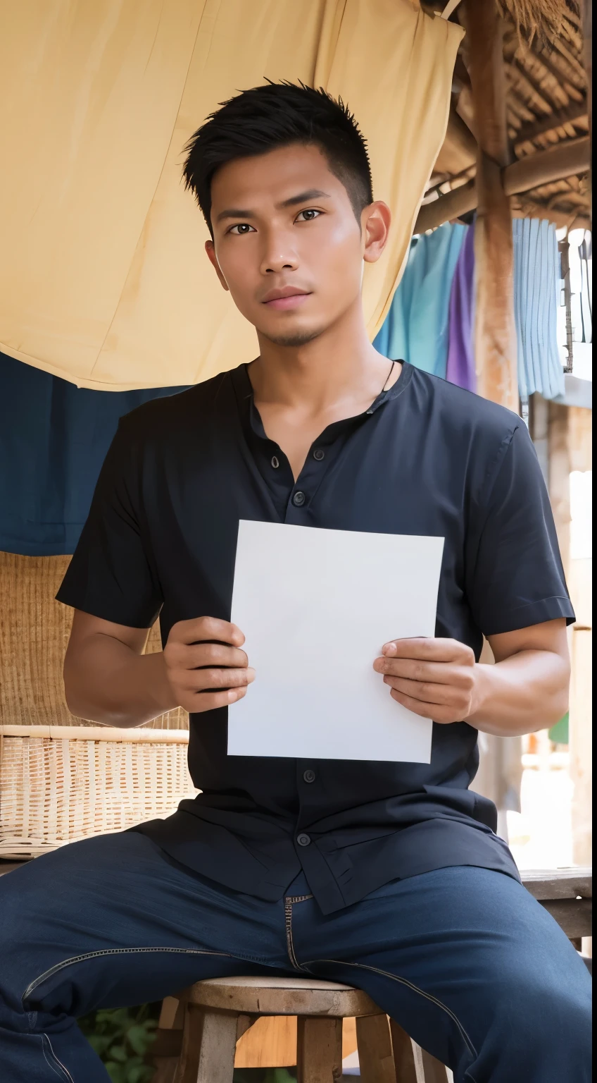 (Realistic), holding a brochure show it to viewer, full body shot of indonesian ((man)) wearing a casual shirt, in a rustic village,face incredibly detailed, lips, realistic skin, solo,medium breasts,skin tight, puffy ,facial, masterpiece,best quality, Intricate, High Detail, dramatic, front view, wide view