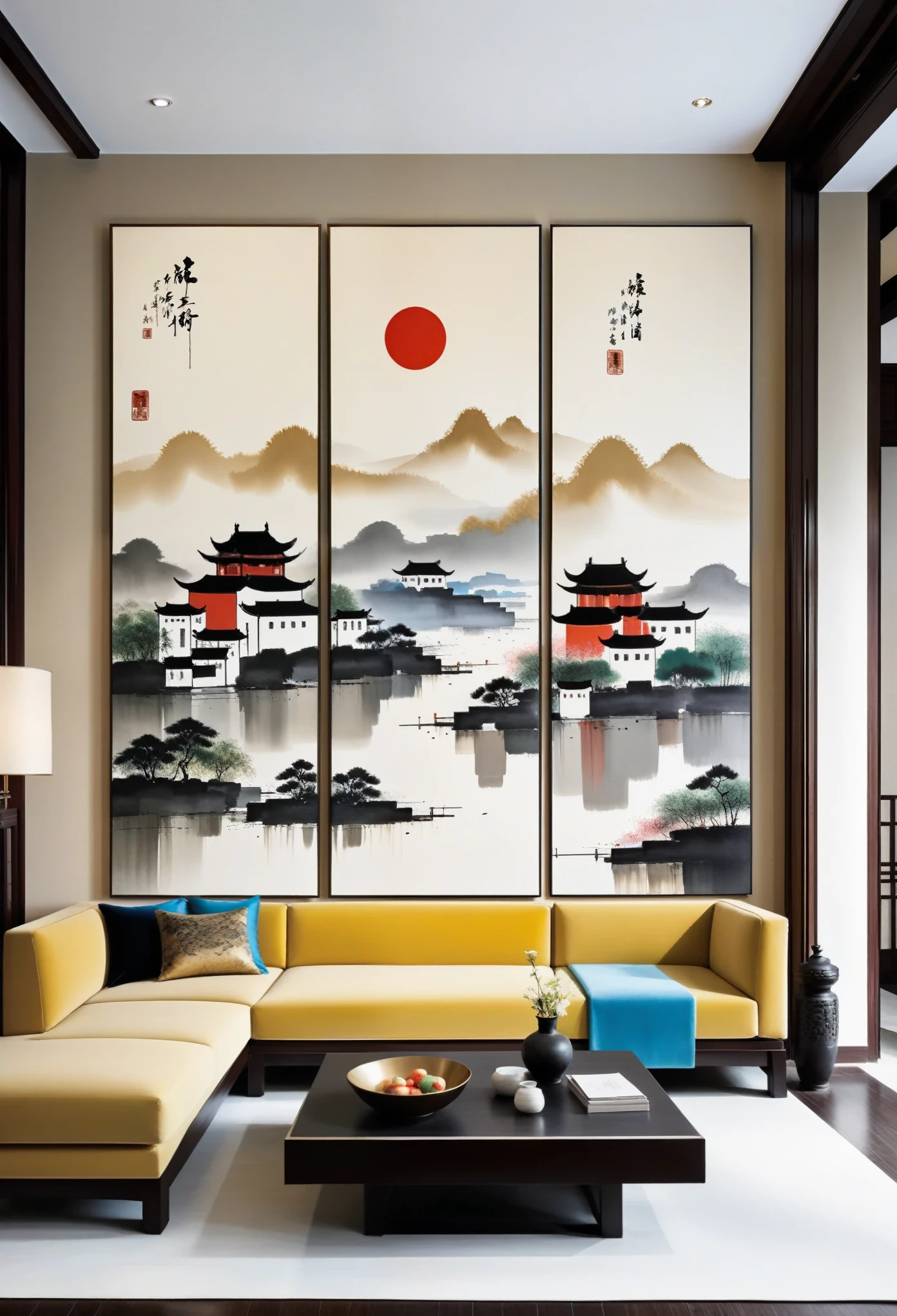 Decorative paintings in the living room：Geometric abstract ink，Describe the Jiangnan landscape architectural complex，Wu Guanzhong's style is an artistic expression that merges traditional Chinese ink techniques with Western painting concepts. It is characterized by modern interpretations of traditional themes, creating unique visual effects through color and line.