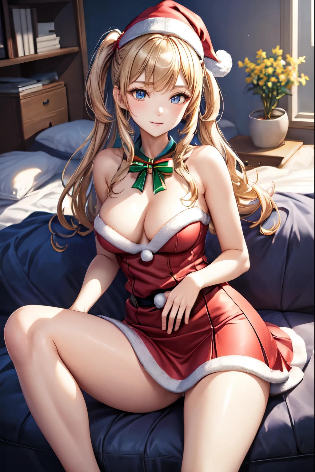 ((highest quality)), ((masterpiece)), (Detailed miniskirt Santa),Squeeze with your left hand、 perfect face、beautiful breasts、Wear only miniskirt dress、spread her legs、show white panties,sexy