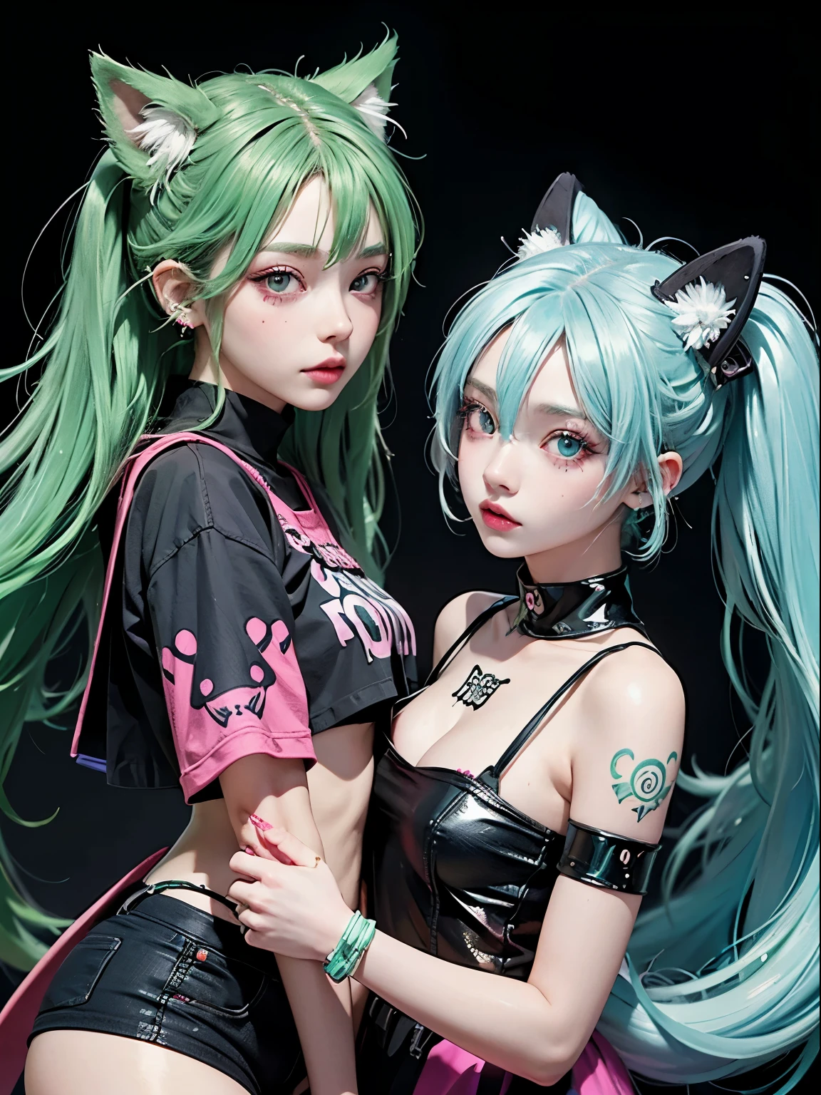 2 girls, neon green hair, moonlight eyes, fox ear, tattoo sleeves and piercings ((Anime style)), Harajuku-inspired hip-hop clothing, soft colors, neon paint splattered background, Soft stroke