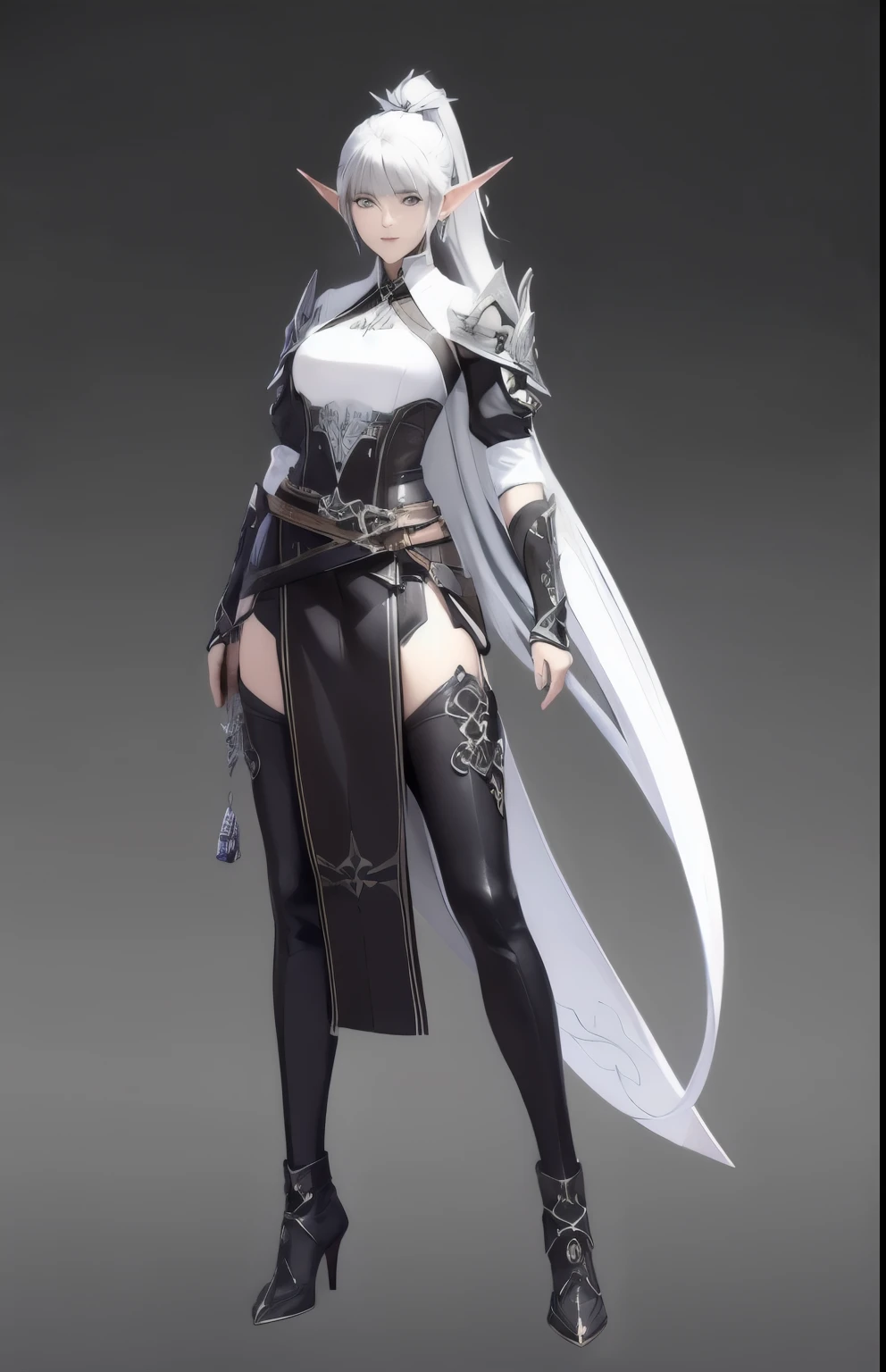 ((masterpiece, best quality)),concept art, woman,, Detailed face，pointed ears, full body details, full of details, Very detailed, depth, many parts, White single ponytail，Ranger。beautiful woman, muscular body, leather armor，Sackcloth clothes, leather bags，belt。（Blade and Soul style）High heel,jewelry, braid, earrings,White background，standing posture。