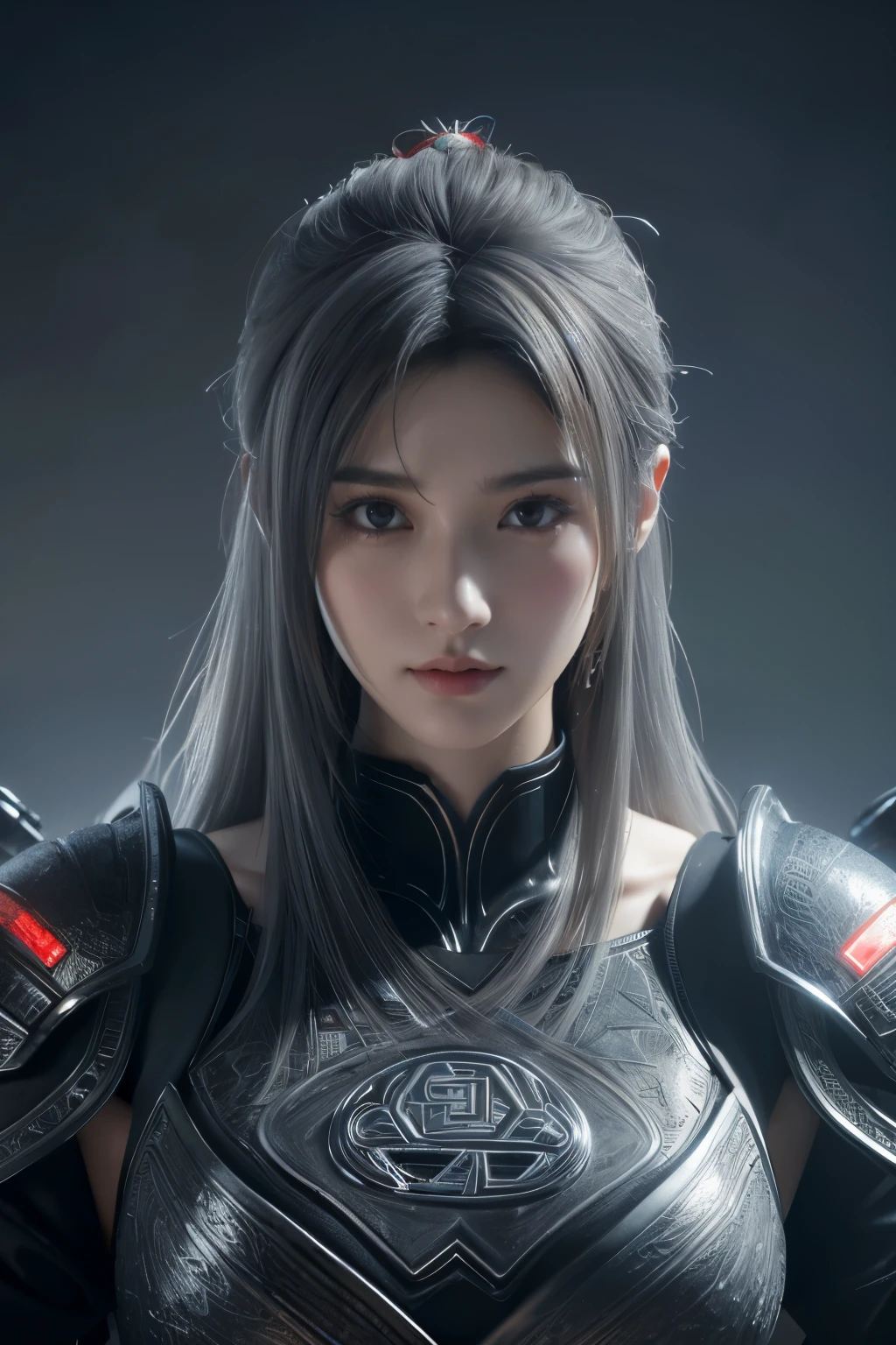 Masterpiece,Game art,The best picture quality,Highest resolution,8K,(Portrait),Unreal Engine 5 rendering works,(Digital Photography),((Portrait Feature:1.5)),
20 year old girl,Short hair details,With long bangs,(The red eye makeup is very meticulous),(With long gray hair:1.4),(Large, full breasts),Elegant and noble,Brave and charming,
(Future armor combined with the characteristics of ancient Chinese armor,Hollow design,Power Armor,The mysterious Eastern runes,A delicate dress pattern,A flash of magic),Warrior of the future,Cyberpunk figures,Background of war,
Movie lights,Ray tracing,Game CG,((3D Unreal Engine)),OC rendering reflection pattern