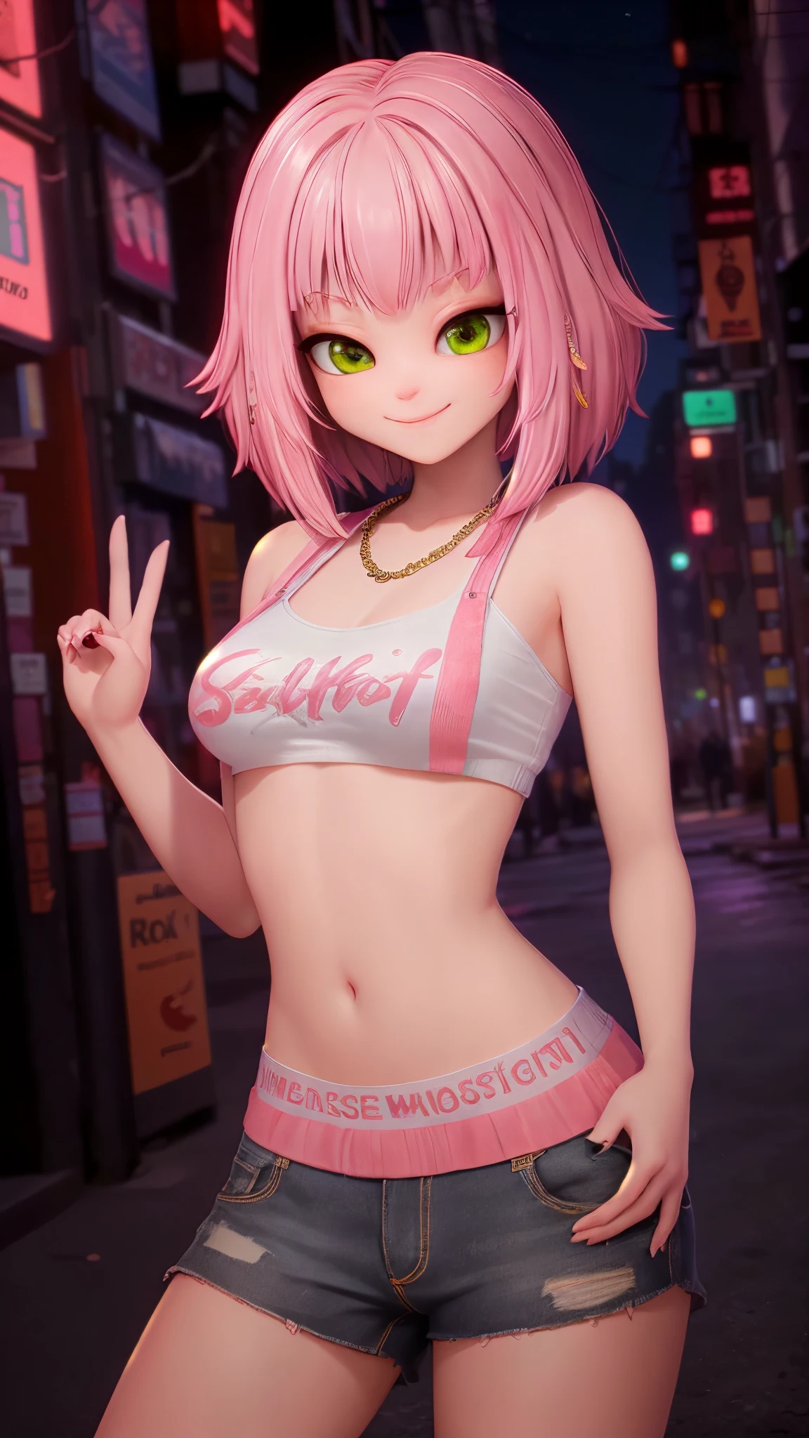 masterpiece, extremely high quality, realistic, APOKI, solo, 1girl, pink hair, looking seductively, bangs, looking at viewer, skimpy casual loose clothing, neon night street background, upper body close up shot, blunt bangs, smile, green eyes, 