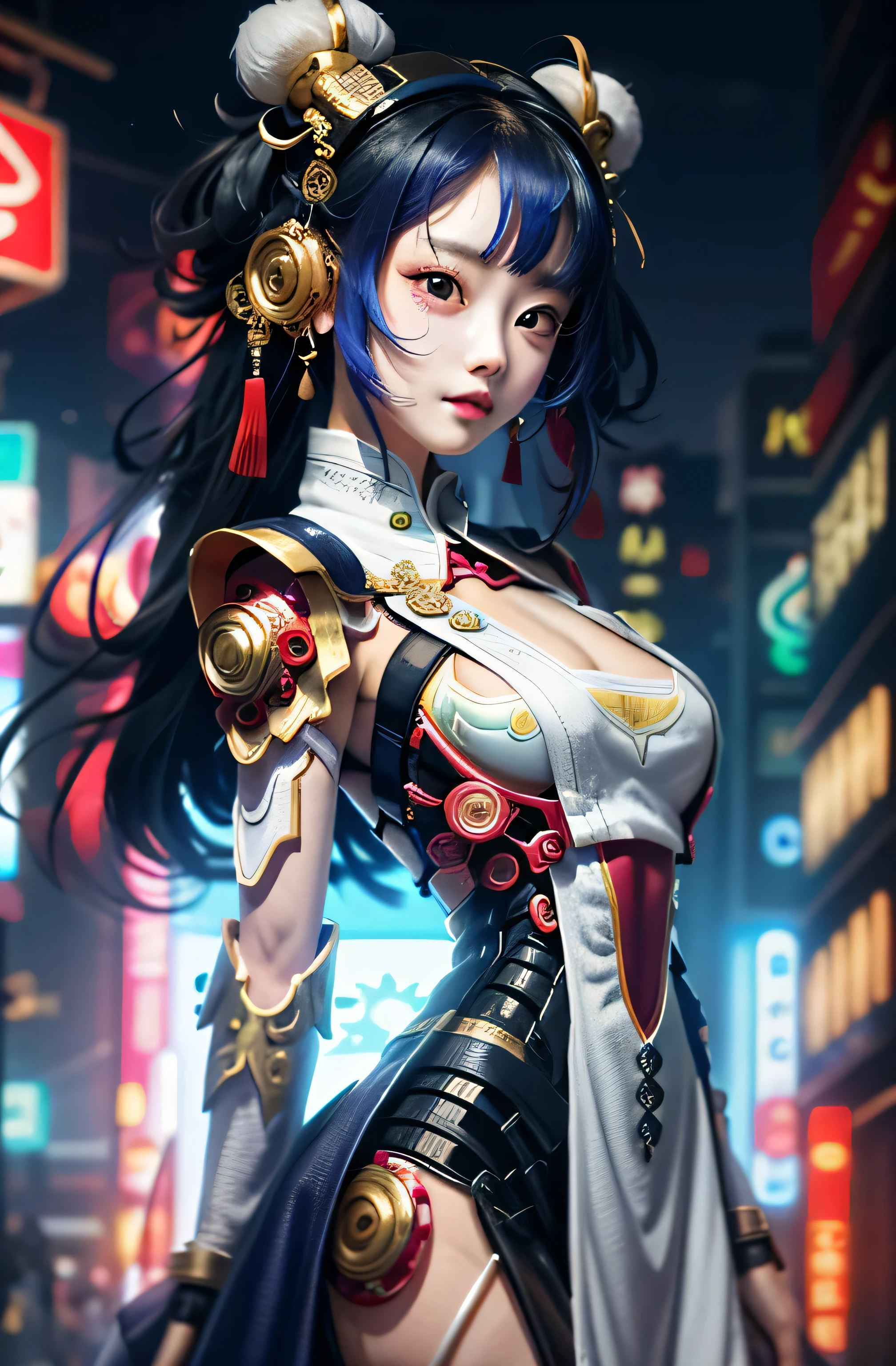 a girl, whole body, clear facial features, amazing facial features, beautiful eyes, ancient chinese clothing, Chinese cyberpunk, Cyberpunk City Headgear, hair accessories, Ultra complex design, Mechanical armor, science and technology, stunning lighting, c4d, OC rendering, Edge light, fine light, masterpiece, super detailed, epic work, ultra high definition, high quality, 32k