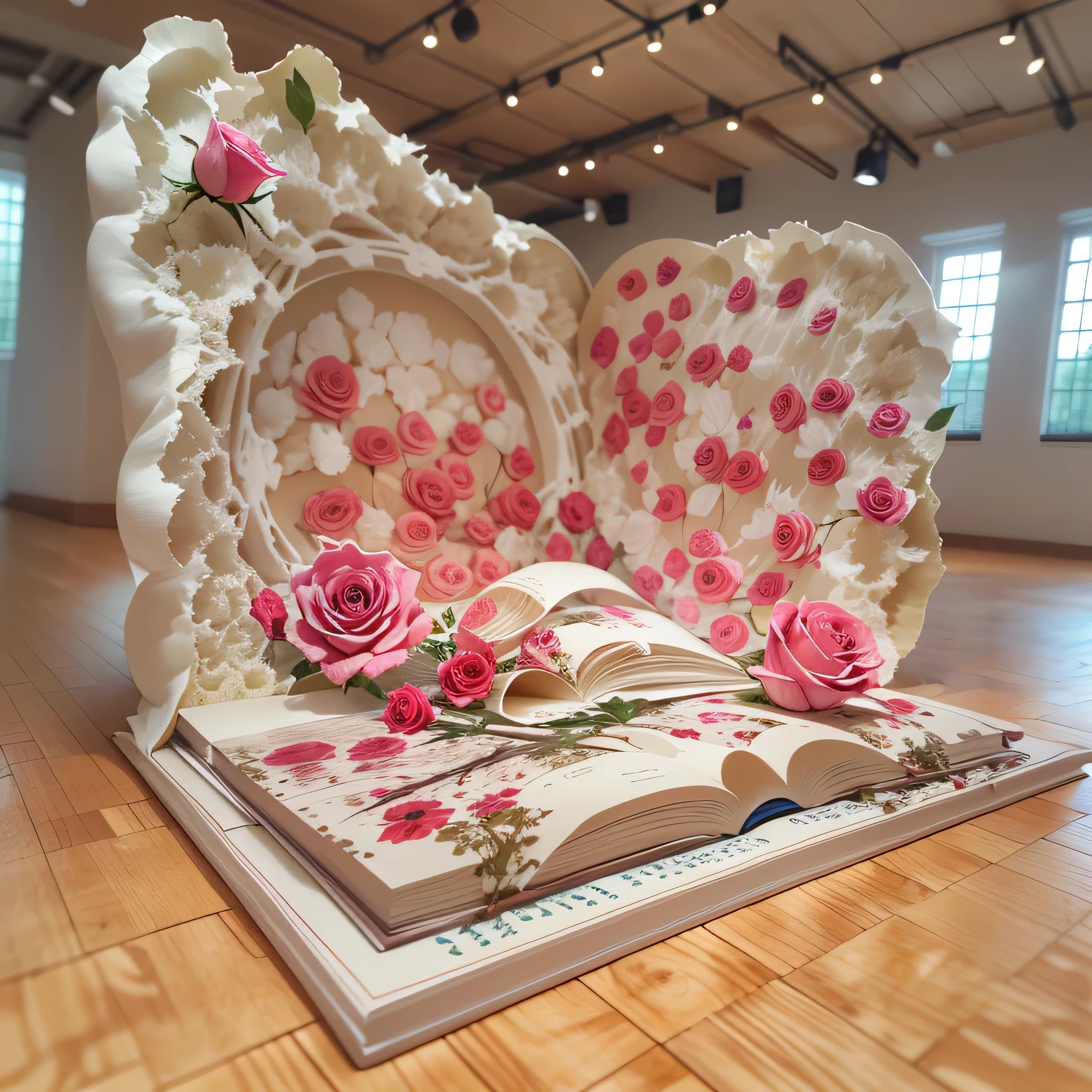 4.5m foam book sculpture，A rose，Poetic，The floor has an autumnal feel，3D modeling，full view，actual，Rendering suitable for commercial exhibition displays