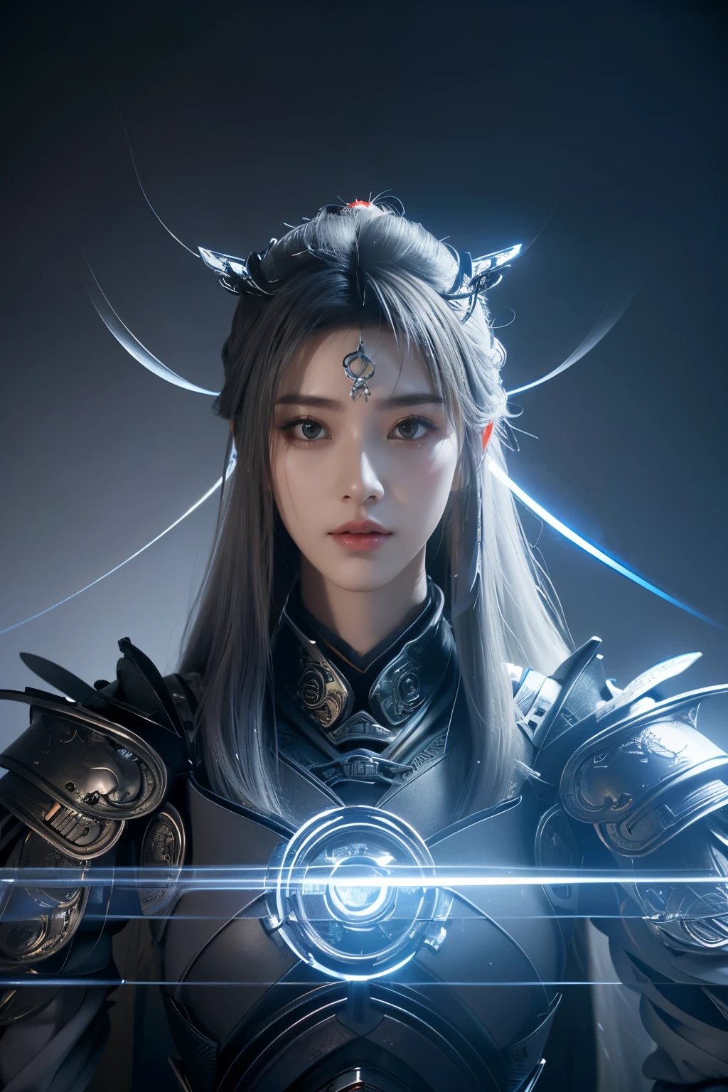 Masterpiece,Game art,The best picture quality,Highest resolution,8K,(Portrait),Unreal Engine 5 rendering works,(Digital Photography),((Portrait Feature:1.5)),
20 year old girl,Short hair details,With long bangs,(The red eye makeup is very meticulous),(With long gray hair:1.4),(Large, full breasts),Elegant and noble,Brave and charming,
(Future armor combined with the characteristics of ancient Chinese armor,Hollow design,Power Armor,The mysterious Eastern runes,A delicate dress pattern,A flash of magic),Warrior of the future,Cyberpunk figures,Background of war,
Movie lights,Ray tracing,Game CG,((3D Unreal Engine)),OC rendering reflection pattern