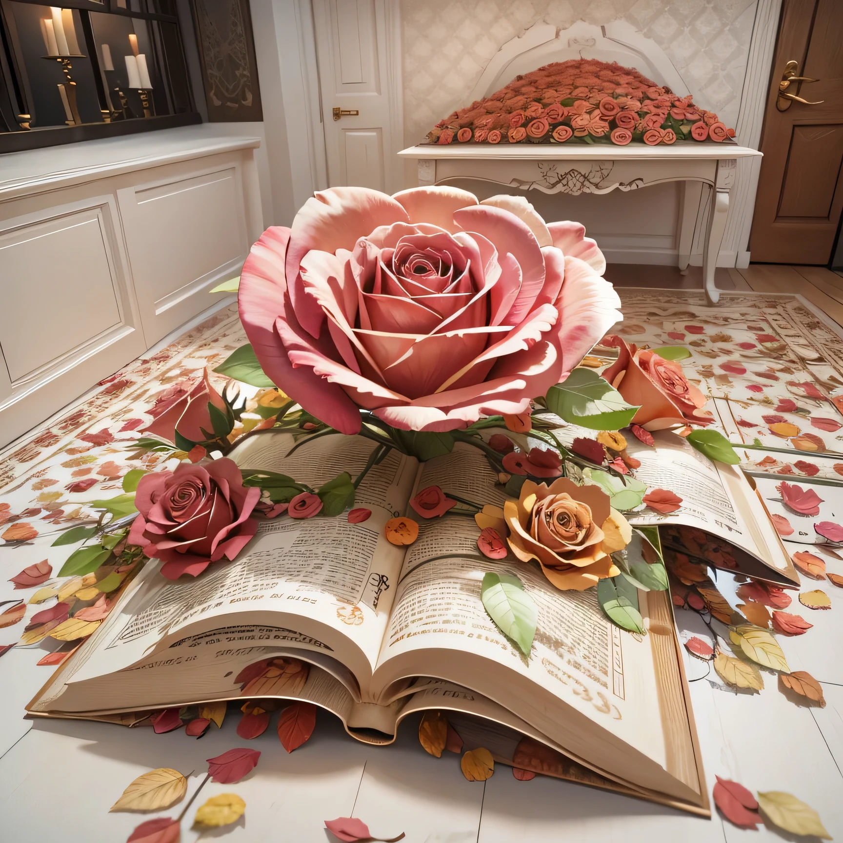 4.5m foam book sculpture，A rose，Poetic，The floor has an autumnal feel，3D modeling，full view，actual，Rendering suitable for commercial exhibition displays