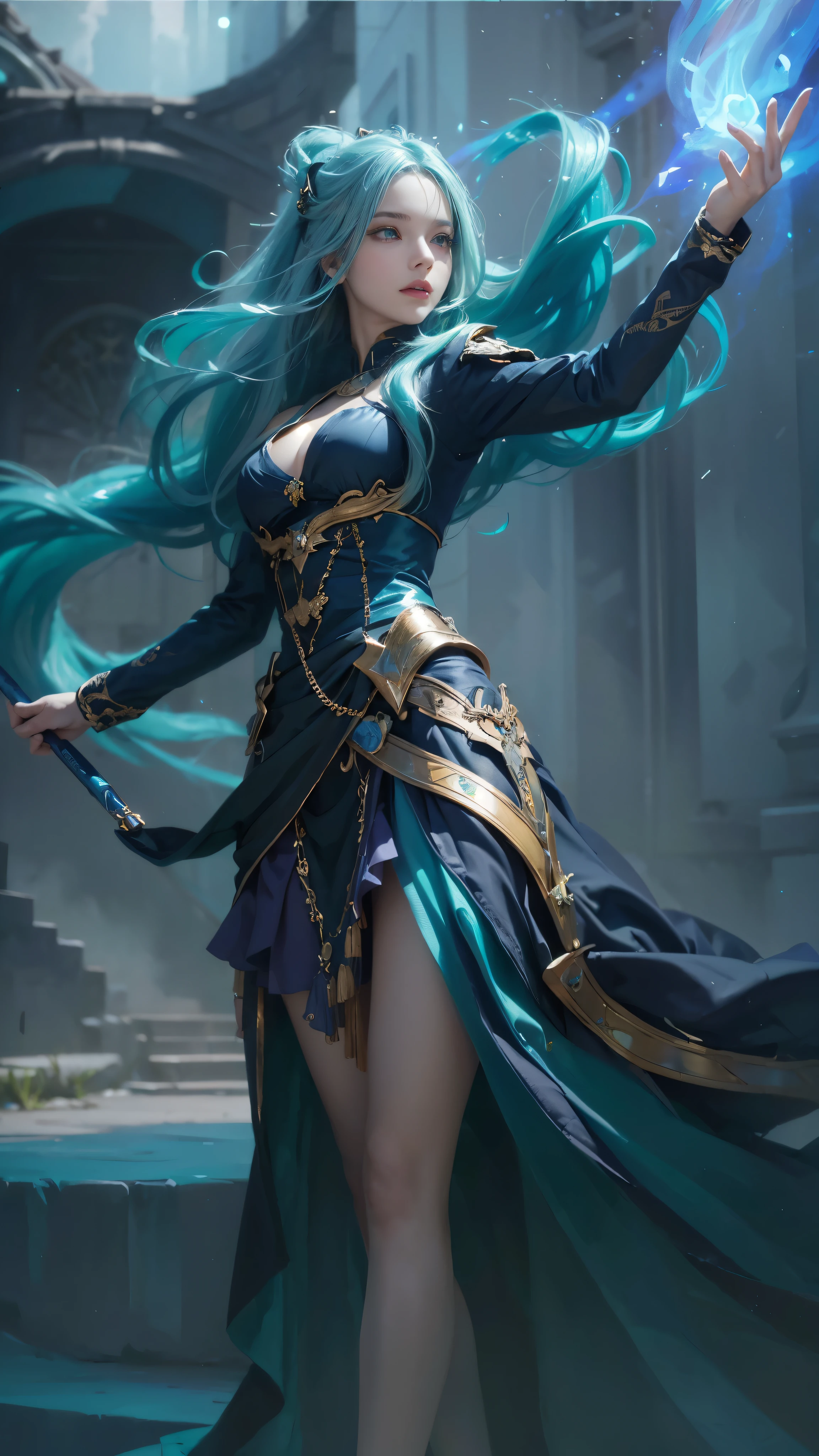 (best quality,highres,ultra-detailed,realistic:1.37),a cute girl with blue hair holding a wand,black and green dress,green eyes,holding a blue fire,portrait,beautiful detailed eyes,long eyelashes,flowing hair,sparkling wand,glowing blue fire,vibrant colors,mysterious lighting, beautiful, pale skin
