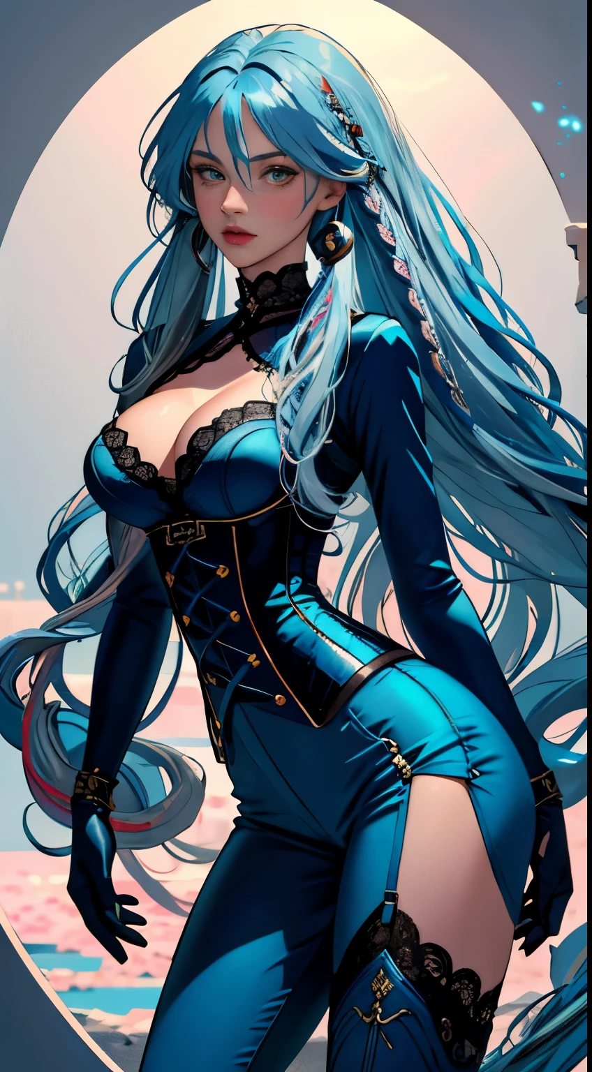 8k, best quality, masterpiece, highly detailed, semi realistic, a girl, young female, 20 years old, absurdly long light blue hair, ((blue hair: 1.5)), hair between eyes, banks, pink eyes, medium breast, pink lips, elbow fingerless gloves, gorgeous sexy clothes, corset, slim figure, cool expression, skinny pants, boots, lace clothes,