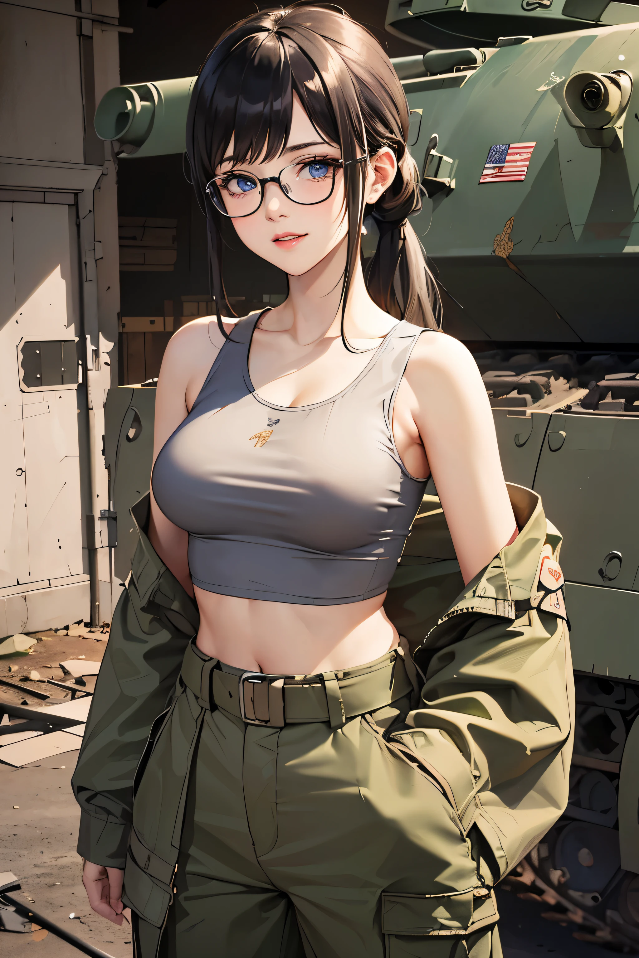 ((wide angle)), beautiful female veteran, black hair in a ponytail, smooth, wearing large glasses, cover up wounds, Injuries, Smile confidently., (((wearing a white military vest, Pair it with an oversized ww2 military shirt. , Wear oversized ww2 military pants., off shoulder, suffering, dilapidated))), on the ww2 battlefield