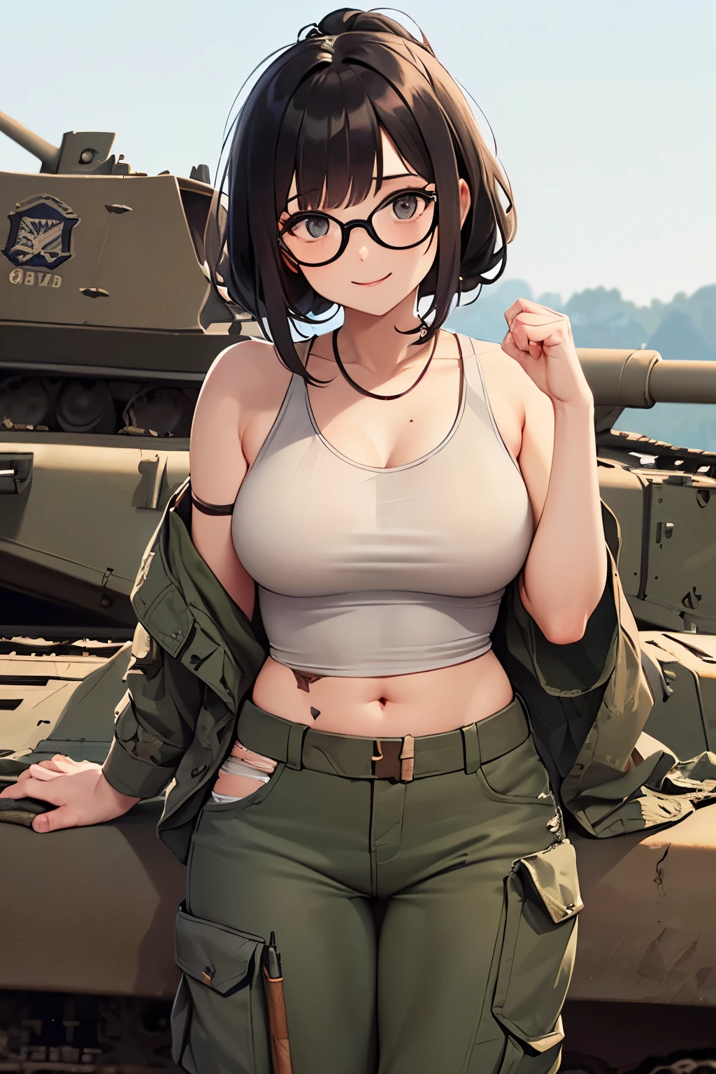 ((wide angle image)), beautiful female veteran, black hair in a ponytail, bangs, wearing large glasses, covering a wound, injured, smiling confidently, (((wearing a white military tank top, layered with a ww2 Oversized military shirt , wearing ww2 military pants Oversized, Off shoulders, Distressed, worn-out))), on the ww2 battlefield