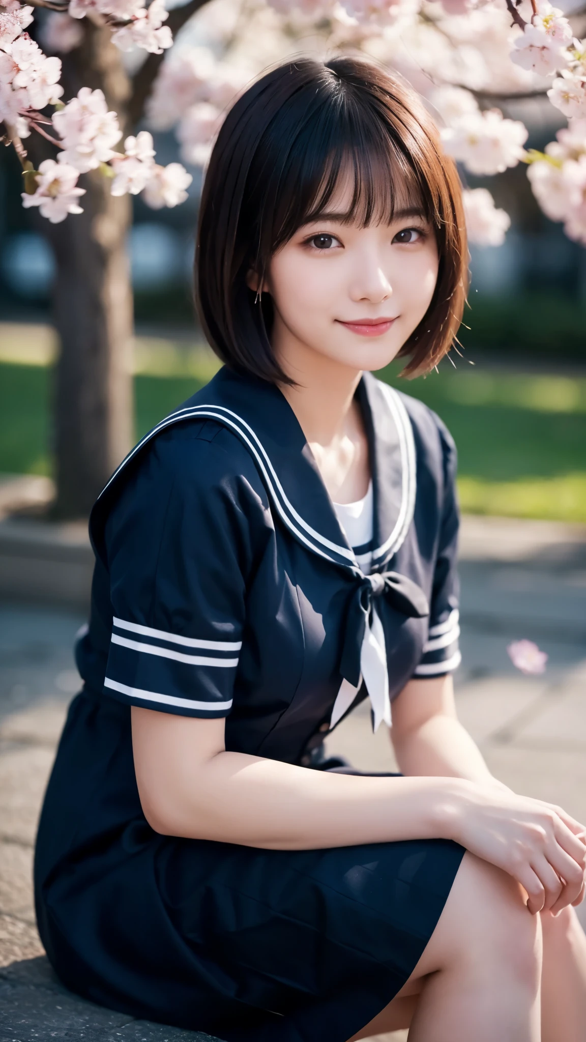 ulzzang-6500-v1.1,(8K, Best Quality, Masterpiece: 1.2), (Realistic, Photorealistic: 1.37)(​masterpiece:1.3), (8K, Photorealsitic, Raw photography, Top image quality: 1.4), Japan high school girls、(very short-haired、Random hairstyles:1.2,)、Super Detail Face、Eye of Detail、二重まぶた、Bring your chest together、foco nítido:1.2、prety woman:1.4、light brown hair、top-quality、​masterpiece、超A high resolution、(Photorealsitic:1.4、Being in the classroom、Japan High School Student Uniform、Button shirt with collar、Ribbon Ties、Short dark blue pleated skirt、Ribbon tie、Great under the shirt)、Highly detailed and professional lighting smile、slender、serious facial expression、short-haired、Fatal position,chalk board、Blue sky outside the window、sit a chair、above knee