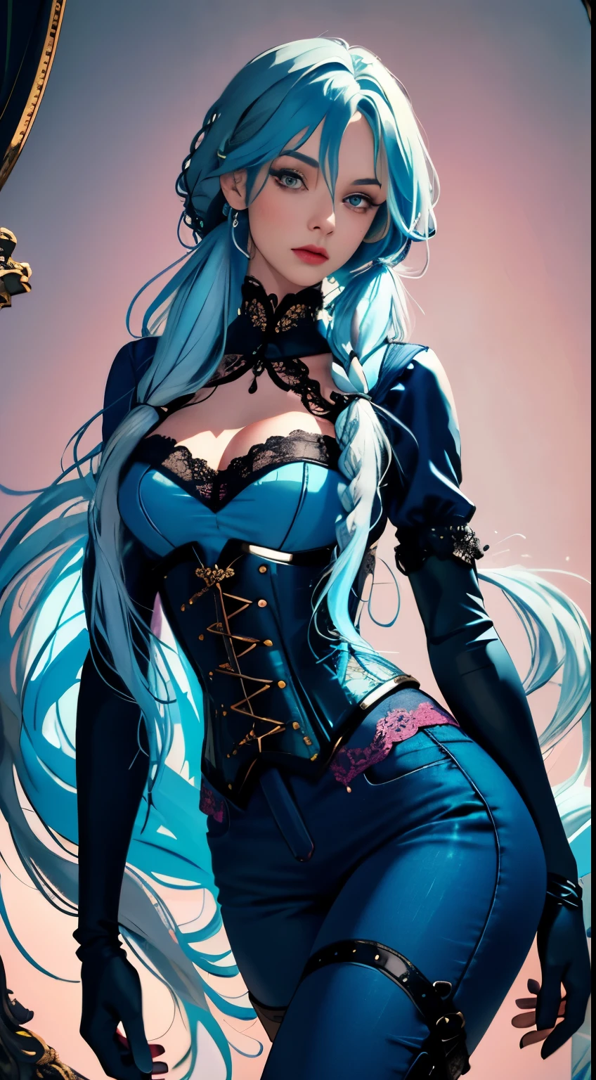 8k, best quality, masterpiece, highly detailed, semi realistic, a girl, young female, 20 years old, absurdly long light blue hair, ((blue hair: 1.5)), hair between eyes, banks, pink eyes, medium breast, pink lips, elbow fingerless gloves, gorgeous sexy clothes, corset, slim figure, cool expression, skinny pants, boots, lace clothes,