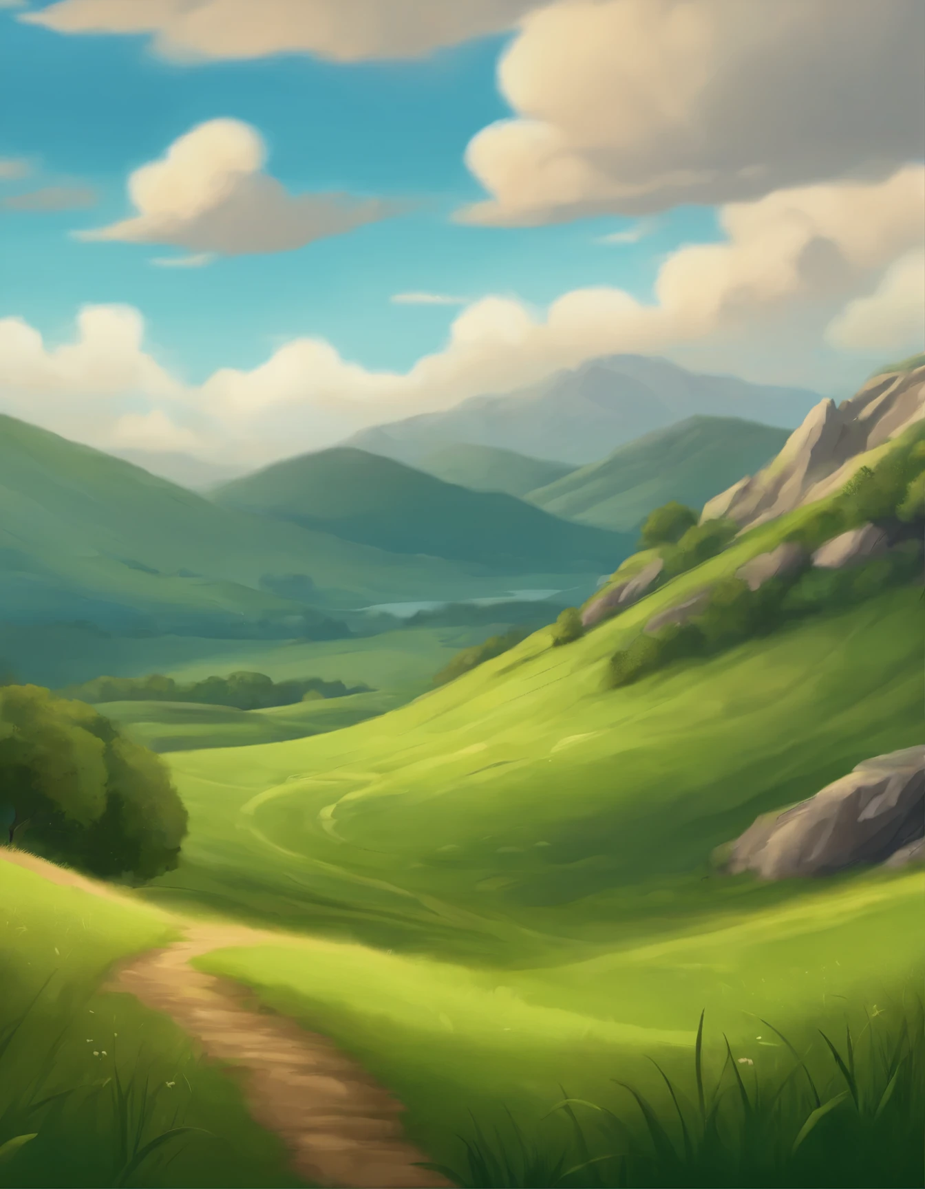 background image for 2d game, plain, hills, grass, fluffy clouds, high quality, HD illustration, no people, Desktop wallpaper