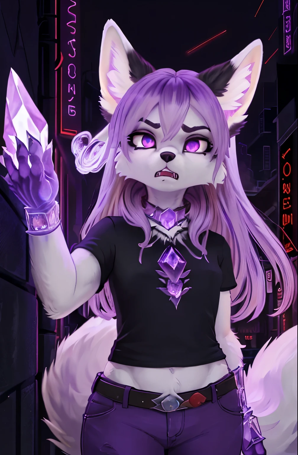 (a short female white fox furry with white fur, violet eyes, long lilac hair,white fur,violet octaheadron crystal on neck, black fur on ears), red lights, small breasts, curvy, angry, growling, t-shirts, pants, in night city, magic, warlock, dreadful