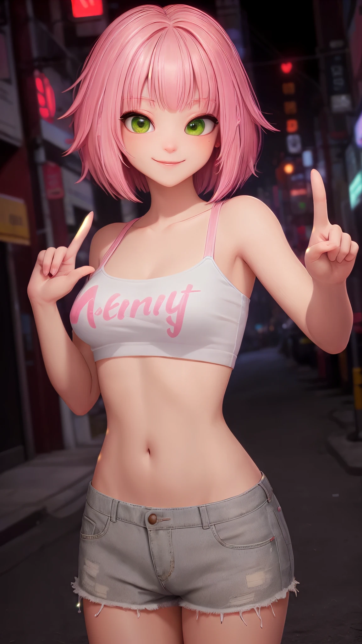 masterpiece, extremely high quality, realistic, APOKI, solo, 1girl, pink hair, looking seductively, bangs, looking at viewer, skimpy casual loose clothing, neon night street background, upper body close up shot, blunt bangs, smile, green eyes, normal human anatomy (2 Arms Only) (2 Hands Only) (4 fingers 1 thumb on each hand Only)