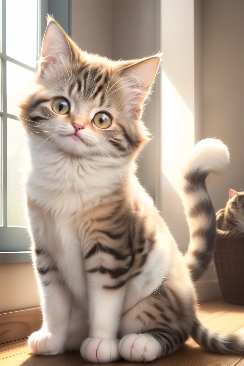 A charming and cute cat, with soft, fluffy fur and bright, inquisitive eyes, exploring its surroundings with playful curiosity. Maybe it's sitting on a windowsill, basking in the sunbeams, or curled up in someone's lap, purring contentedly. Its cute little tail twitches in excitement as it watches the world go by.