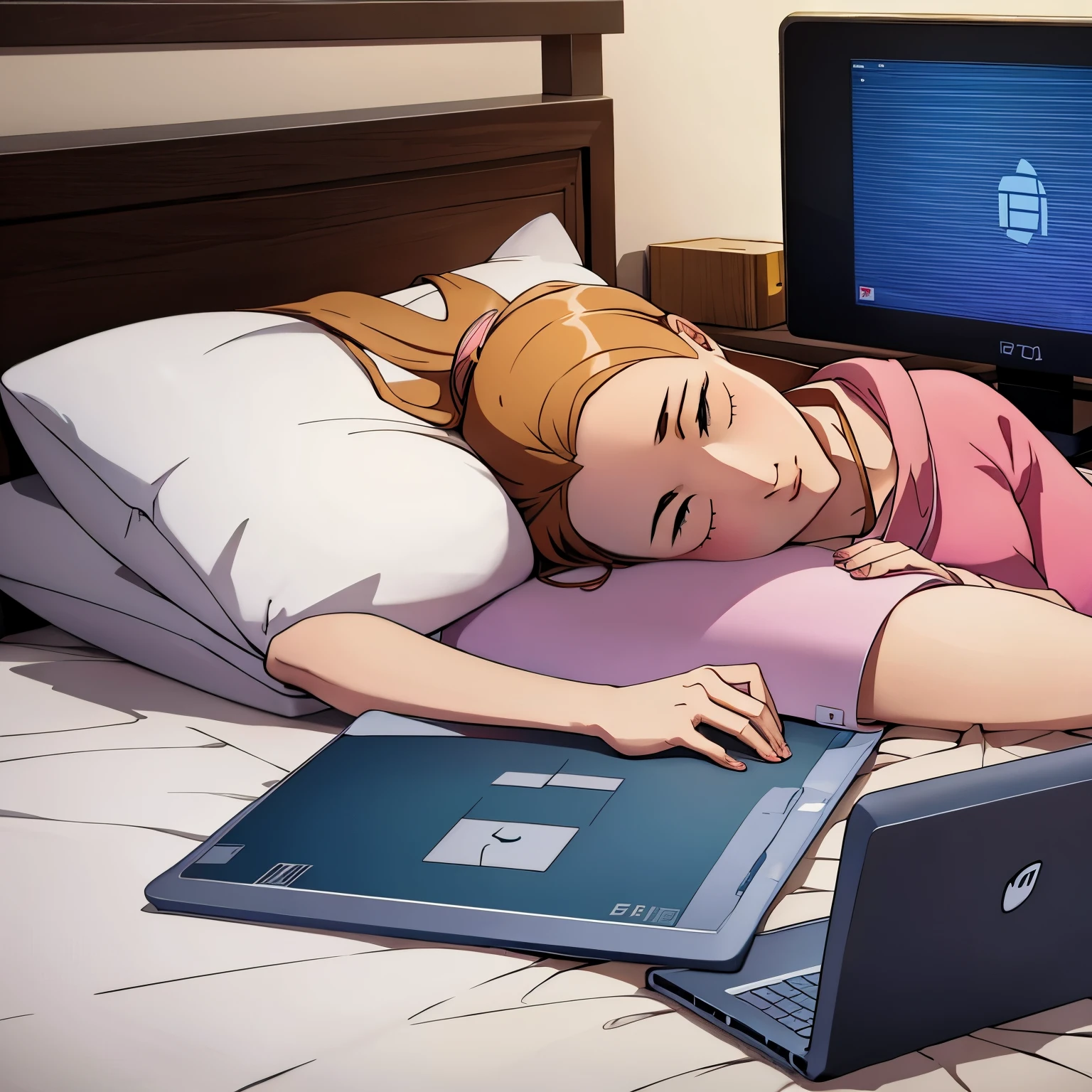 There is a woman lying on the bed holding a laptop。praise