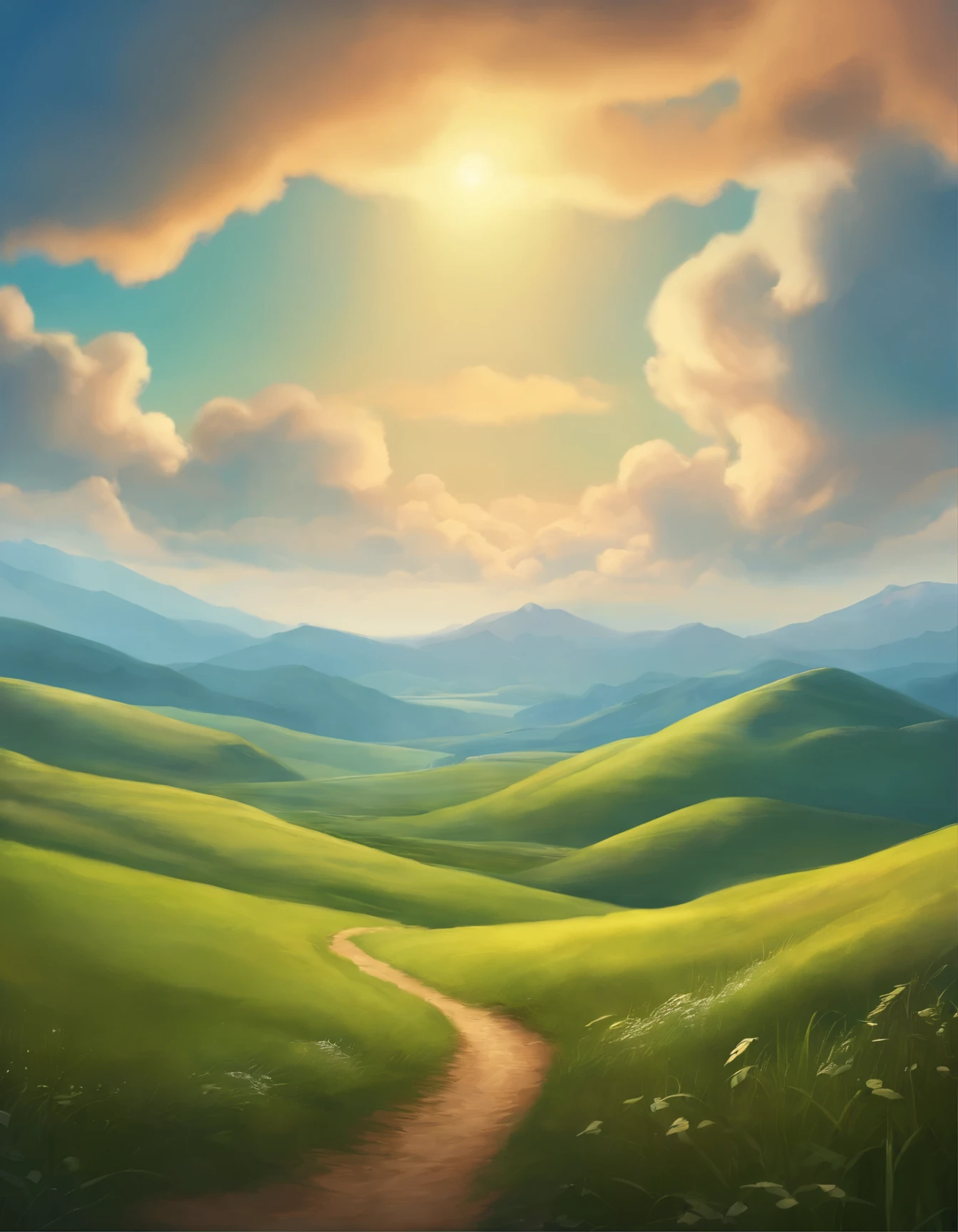 background image for 2d game, plain, hills, grass, fluffy clouds, high quality, HD illustration, no people, Desktop wallpaper