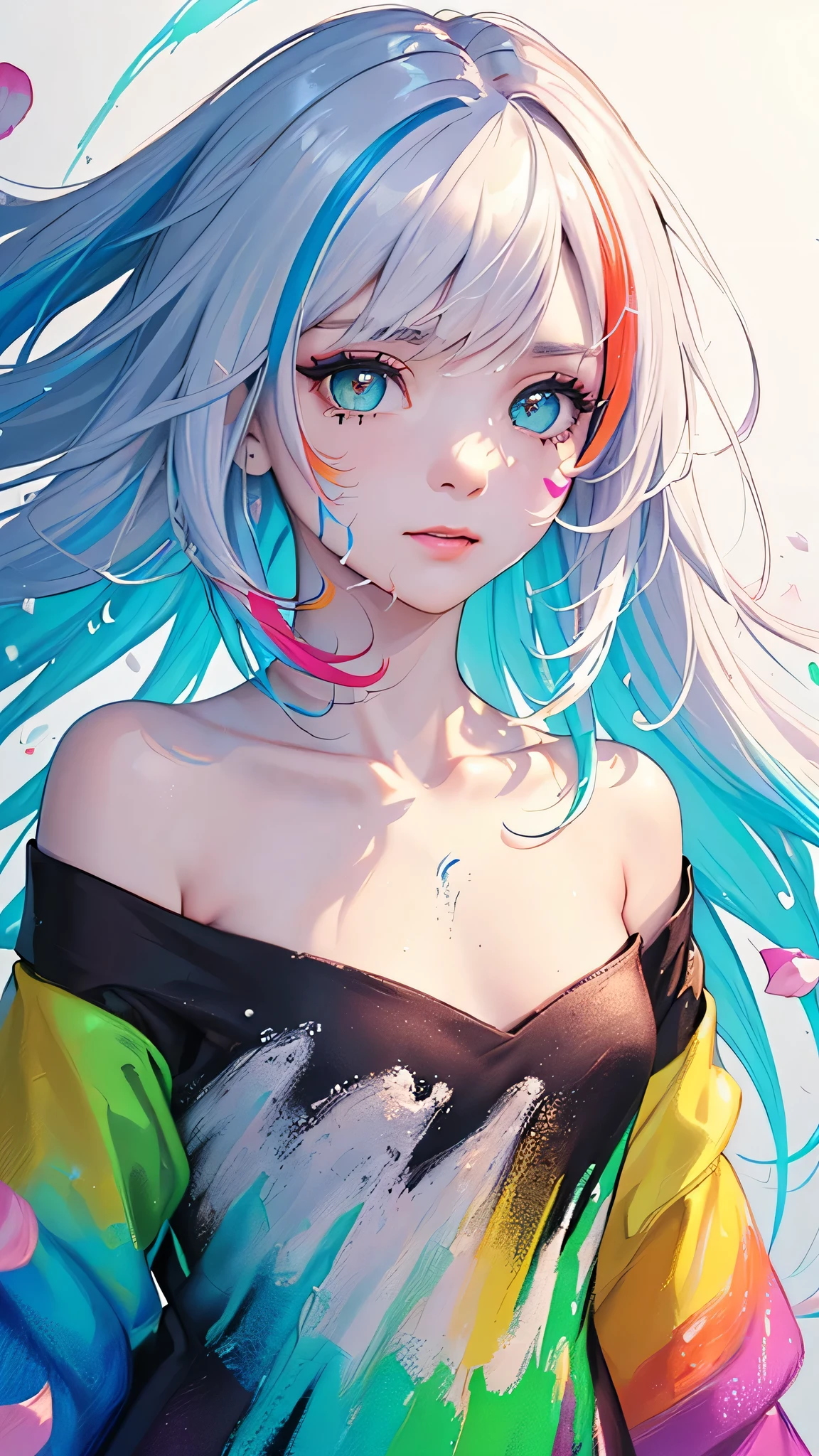 (Colorful hair: 1.8), (all the colours of the rainbow: 1.8), (Colorful clothes: 1.8), (((((vertical painting))), front, comics, illustrations, paintings, large eyes, crystal clear eyes, rainbow color gradient high ponytail, exquisite makeup, closed mouth,(Small Fresh: 1.5), Small Chest, (Wipe Chest: 1.5) ,long eyelashes, white off shoulder T-shirt, looking at the audience, large watery eyes, (rainbow colored hair), color splash, solo, color splash, color explosion, thick paint style, messy lines, ((shining)),(colorful), (colorful), (colorful), colorful, Thick Paint Style, (Splash) (Color Splash), Vertical Painting, Upper Body, Paint Splash, Acrylic Pigment, Gradient, Paint, Highest Image Quality, Highest Quality, Masterpiece, Solo, Depth of Field, Face Paint, colorful clothes, (Elegant: 1.2), gorgeous,long hair, wind, (Elegant: 1.3), (Petals: 1.4),(((masterpiece))),(((best quality))),((ultra-detailed)),(illustration),(dynamic angle),((floating)),(paint),((disheveled hair)),(solo),(1girl) , (((detailed anima face))),((beautiful detailed face)),collar,bare shoulders,white hair, ((colorful hair)),((streaked hair)),beautiful detailed eyes,(Gradient color eyes),(((colorful eyes))),(((colorful background))),(((high saturation))),(((surrounded by colorful splashes))),(((surrounded by colorful dot))),Gradient, Exquisite CG, Crystal Clear, Extremely Beautiful, Charming, Shiny, Perfect, Ultra Clear, 16k, High Quality, HD,