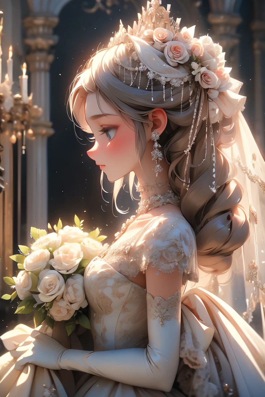 1girl, earrings, veil, jewelry, solo, wedding dress, bouquet,  dress, bridal veil, flower, elbow gloves, white dress,  gloves, breasts, bride, upper body, from side, profile, white gloves, rose, medium breasts, closed mouth, hoop earrings, white flower, holding bouquet