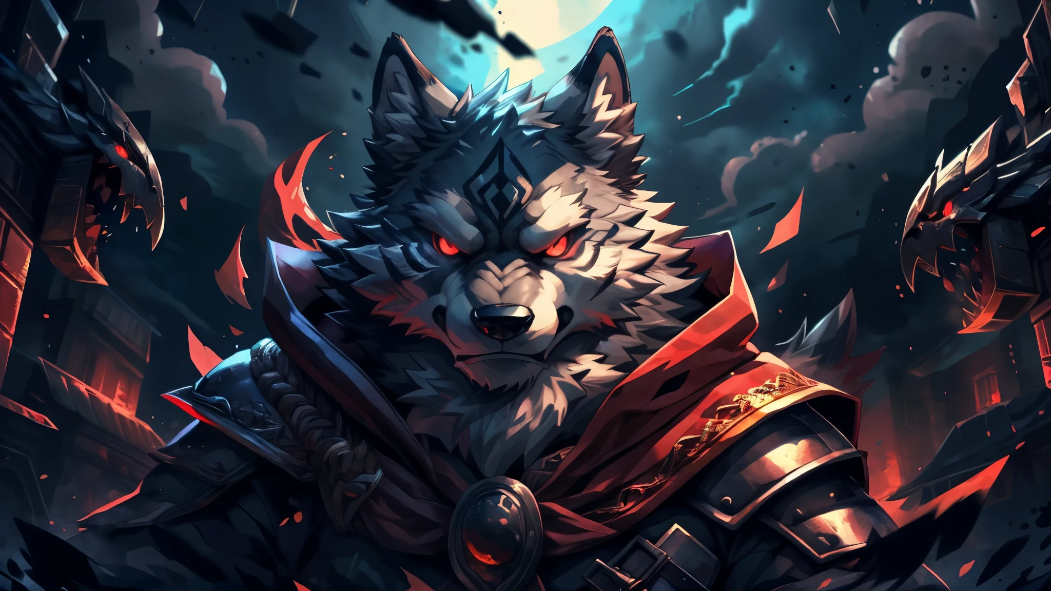 (dynamic pose:1.6), (ultra detailed), sharp focus, niji, eyesgod, (glowing red eyes:1.4), furry, (gray-black fur:1.3), white beard, anthro (wolf), male, middle-aged, white belly, tail, muscular, (knight costume, long red cherry cloak), ultra detailed face, high details, high quality, (best quality,4k,8k,highres,masterpiece:1.2),vivid colors, (close up:1.5), by takemoto arashi, by kamyuel, by milkytiger1145, by 69panda, dark soul boss style, energy cracking around body,(red aura:1.3),bloodstained,dynamic lighting,ominous atmosphere,creepy fog,menacing presence,horror-filled ambiance,dark and tormented souls, (enchanted detail of colors), 8k wallpaper, yang08k, (head tilt:1.3), (back view:1.1), looking at viewer with fierce eyes