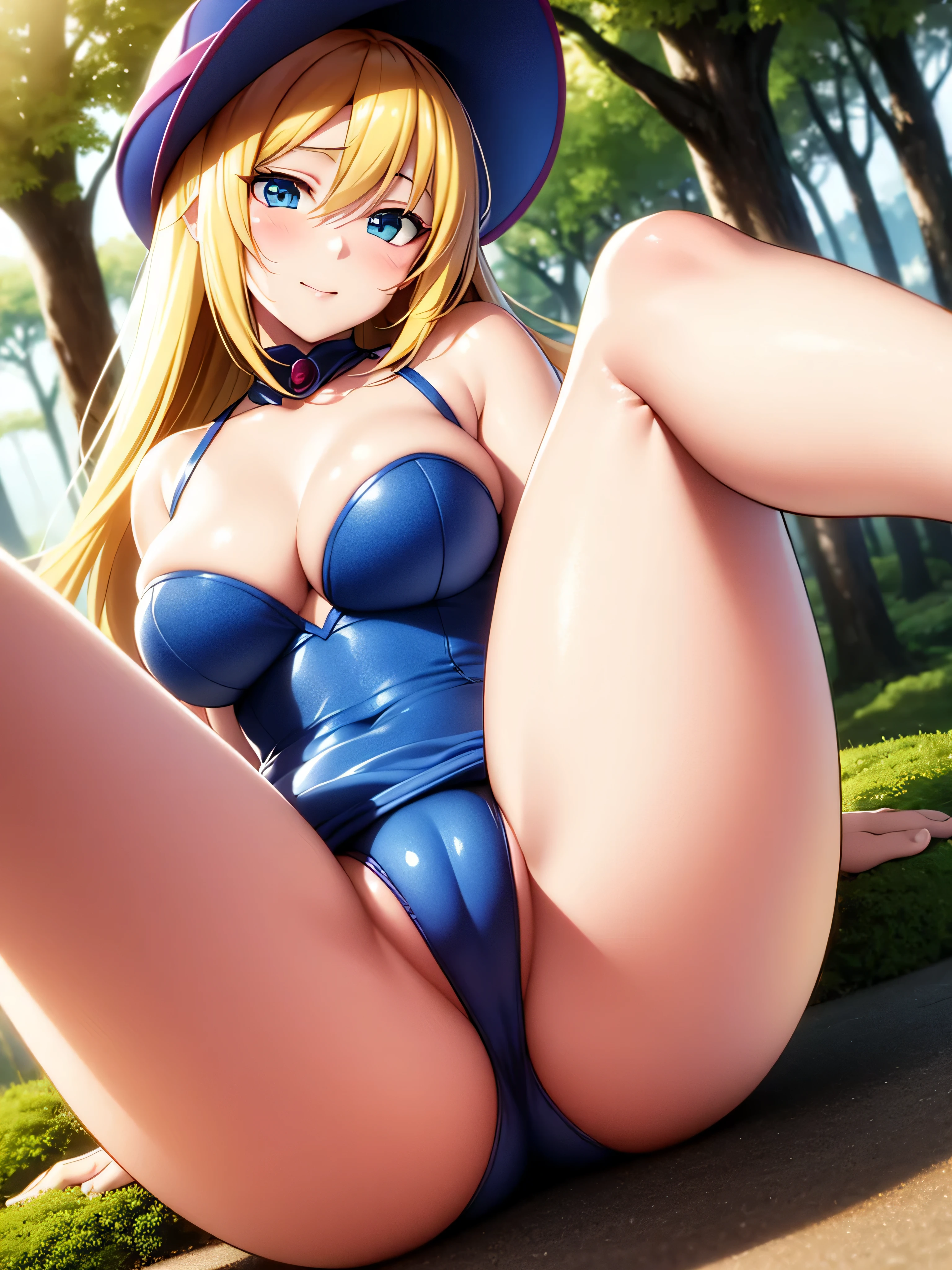 highest quality, 8k, best image quality, Anime girl in blue dress and hat, official artwork, Detailed anime original drawing, clean detailed anime art, Smooth anime CG art, complete art, blonde, young face, cute face, slender body shape, Highly detailed face and skin texture, fine eyes, double eyelid, Whitening skin, dynamite body, sexy, pink cheeks, seductive pose, panty shot, dig into underwear, perfect lighting, show panties, camel toe, in the forest, embarrassed face, realistic shiny skin, evening, The setting sun shines, sitting with one's knees up, spread your legs