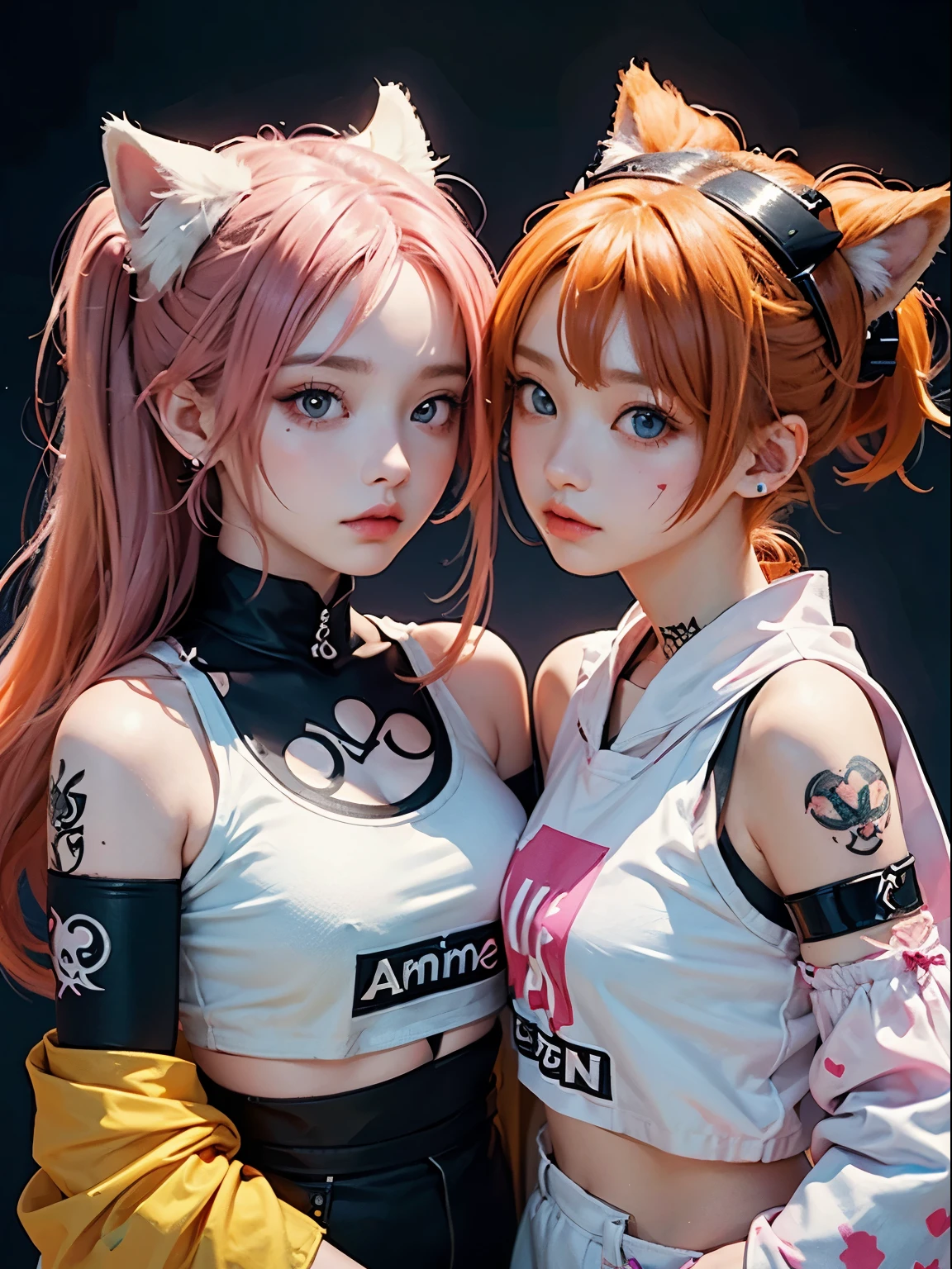 2 girls, neon orange hair, moonlight eyes, fox ear, tattoo sleeves and piercings ((Anime style)), Harajuku-inspired hip-hop clothing, soft colors, neon paint splattered background, Soft stroke