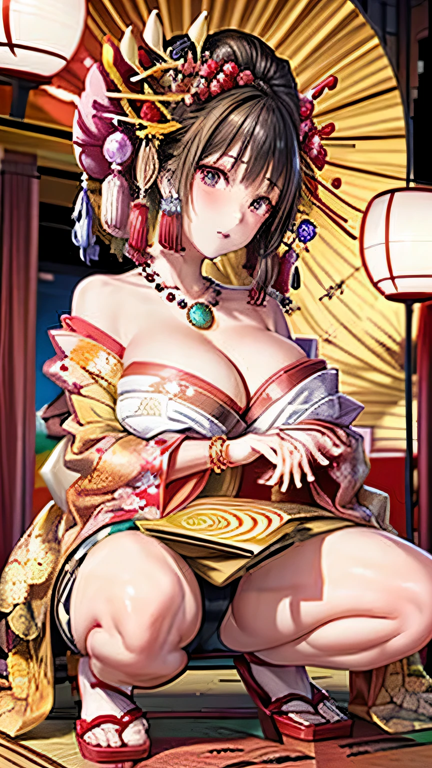 (cinematic light, highest quality, 8k, masterpiece: 1.3), (World Wonderful, japanese goddess, beautiful japanese girl, korean goddess), (whole body), one girl, (necklace, bracelet, anklet, leg ring), (Huge胸, cleavage, exposed chest, Sexy cleavage, highly detailed chest), (Huge), À la Fed Woman in kimono, kimono, Classic kimono, kimono, Japan kimono, 長くて美しい流れるkimono, 複雑な芸者のkimono, 赤または紫の花模様のkimono, Japanese style, kimonoを着ている, Inspired by Kano Hogai,  ((squat with legs apart))