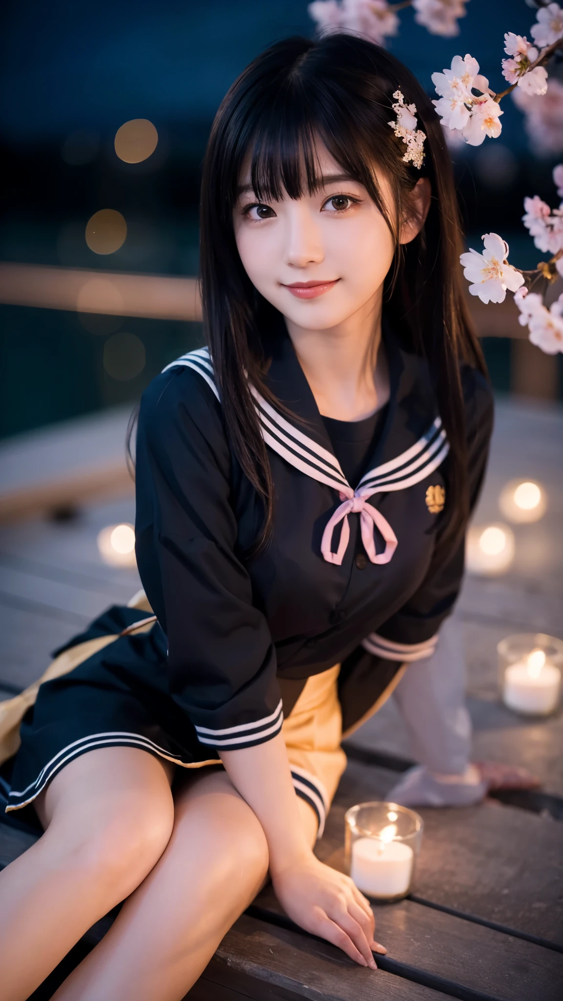 (highest quality,masterpiece:1.3,ultra high resolution),(Super detailed,caustics,8k),(photorealistic:1.4,RAW shooting),1 girl,sitting,(smile),stare at the camera,18-year-old,cute,Japanese,Black Hair Middle Hair,(sailor suit),glamorous,(big ),darkness,night sky,Illuminated night cherry blossoms,professional writing,(shot from the waist up),(Tilt composition:1.1),(low position:1.2),(Low - Angle:1.2)