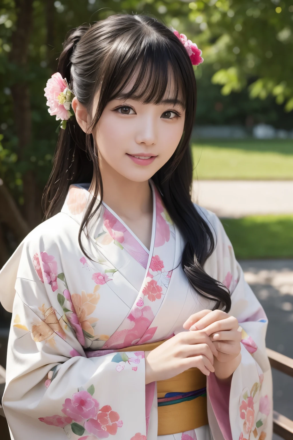 （kimono）、Random pose、(top quality,​Masterpiece:1.3,ultra high resolution,),(super detailed,Caustics),(realism:1.4,Original photography,)Ultra-realistic capture,a very detailed,High resolution 16K close-up of human skin、 natural skin texture、、Skin looks healthy and even-toned、 Use natural light and color,1 girl,Japanese,kawaii,A black-haired one,Zhongfa,,Smile,,(depth of field、Color difference、、Wide lighting range、natural shadow、)、