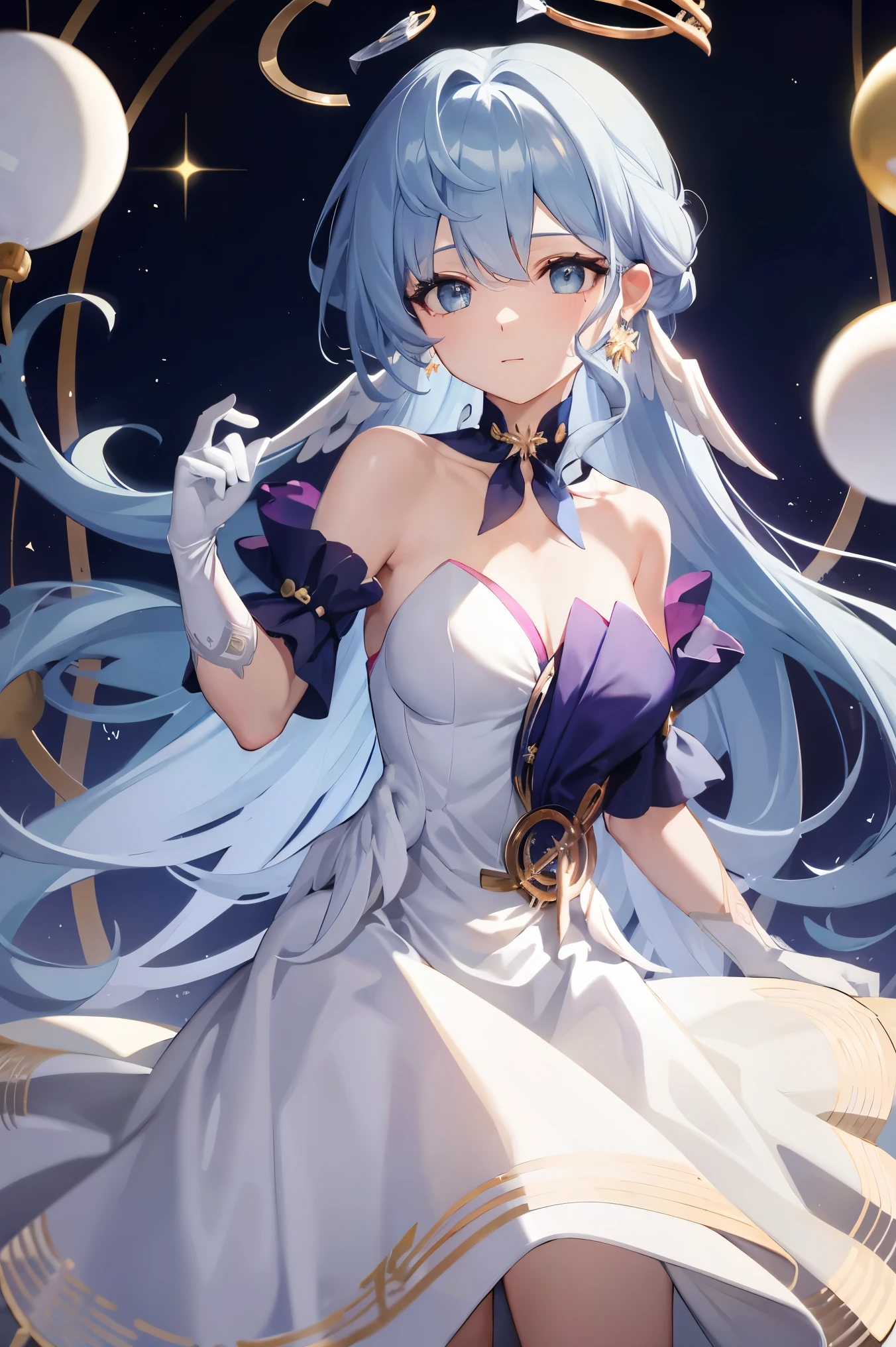 robin,1girl,(blue hair:1.0),bare shoulders,halo,white gloves,earrings,white dress,strapless dress,head wings,high quality,purple dress,detached sleeves,collarbone,(virtual youtuber:0),, (masterpiece,best quality,high quality:1.4),absurdres,