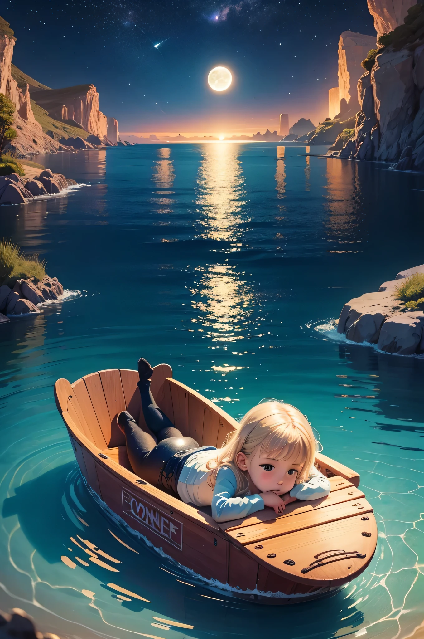Create a children's book illustration of a blonde 3 year old girl laying on a raft in the ocean. Big round moon in the background, reflected on the water. There is a dolphin and its snout is leaning on the raft. There are also other different fish in the sea as well as turtles. The stars are reminiscent of fireflies, small and glowing. Disney style, Pixar style.