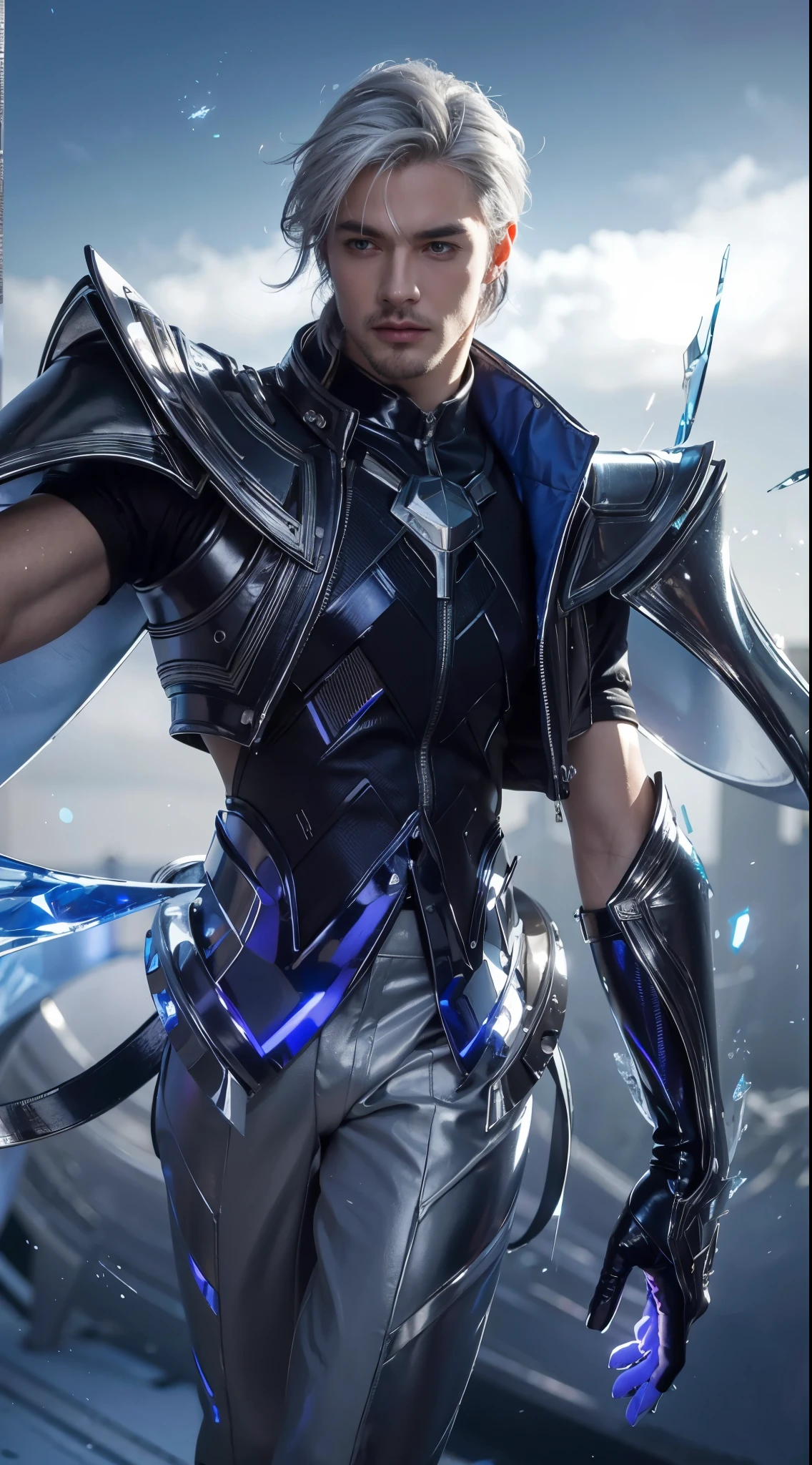 (best quality,4k,8k,highres,masterpiece:1.2),ultra-detailed,(realistic,photorealistic,photo-realistic:1.37),a close-up of a man,blue outfit,white trousers,blue energy gloves,silver hair,silver eyes,shimmering metallic elements,sharp facial features,futuristic background,vibrant and saturated colors,dim lighting,villain vibes