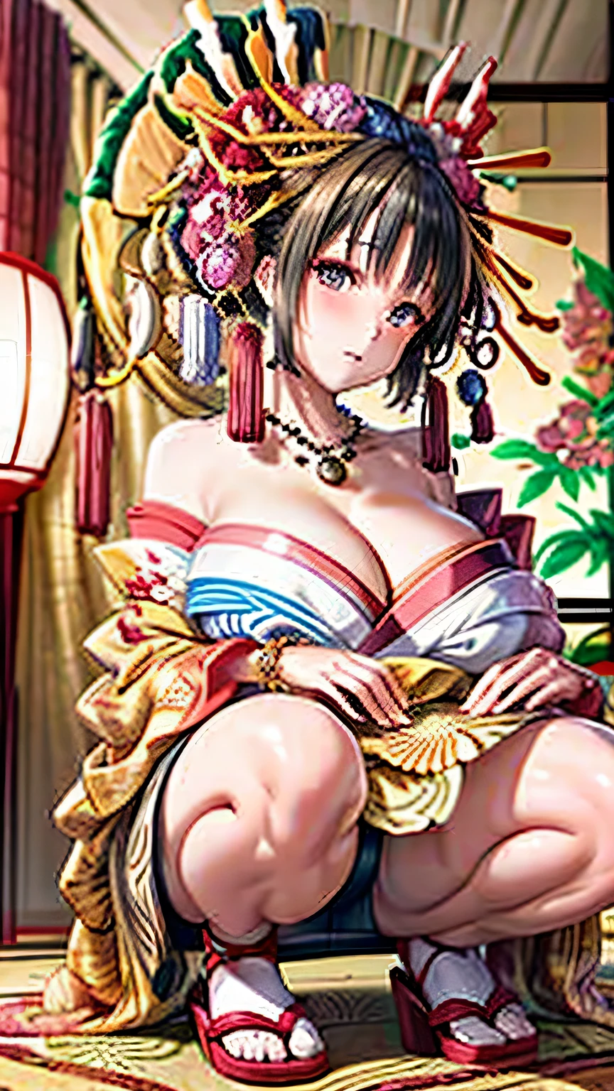 (cinematic light, highest quality, 8k, masterpiece: 1.3), (World Wonderful, japanese goddess, beautiful japanese girl, korean goddess), (whole body), one girl, (necklace, bracelet, anklet, leg ring), (Huge胸, cleavage, exposed chest, Sexy cleavage, highly detailed chest), (Huge), À la Fed Woman in kimono, kimono, Classic kimono, kimono, Japan kimono, 長くて美しい流れるkimono, 複雑な芸者のkimono, 赤または紫の花模様のkimono, Japanese style, kimonoを着ている, Inspired by Kano Hogai,  ((squat with legs apart))