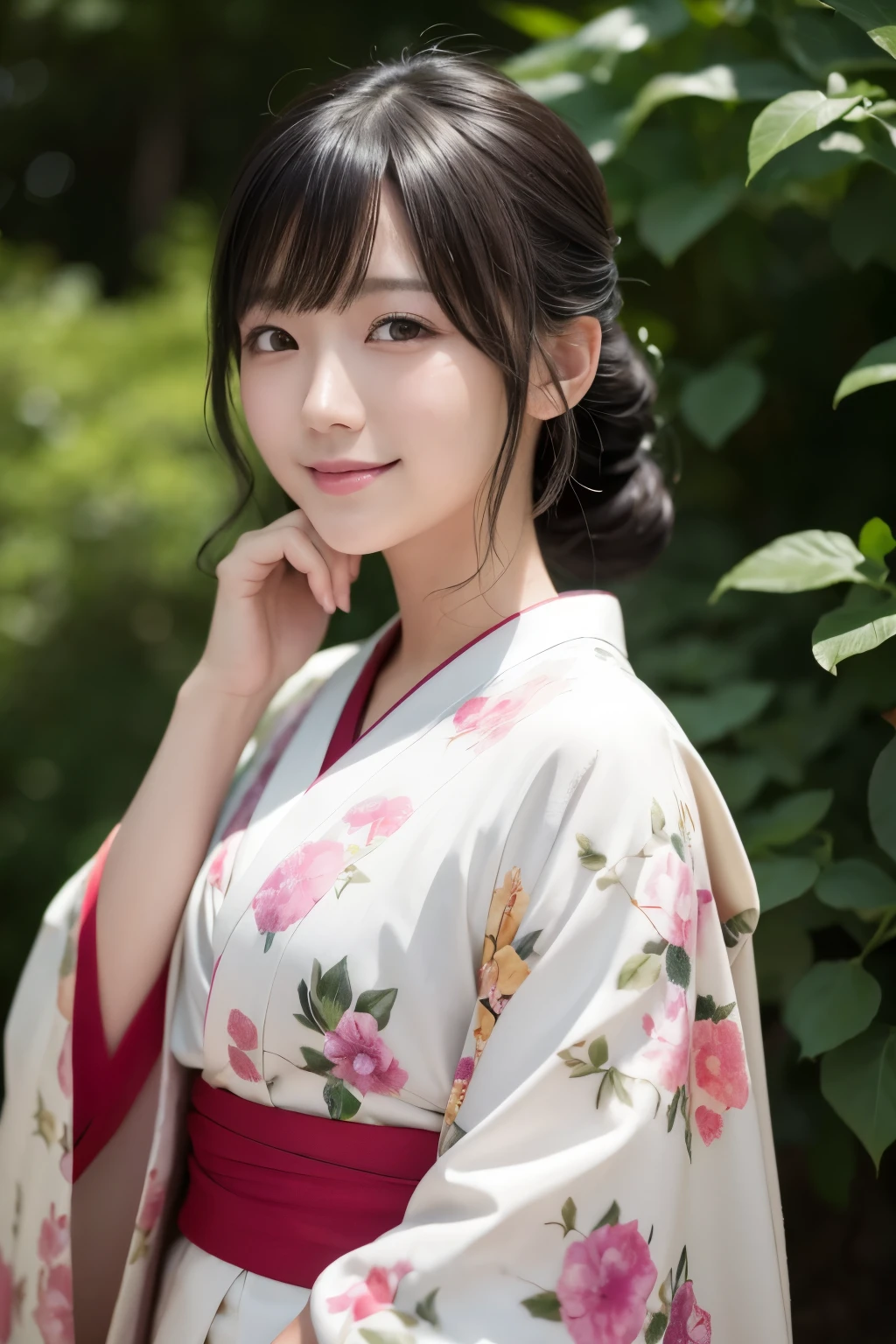 (kimono)、Random pose、(top quality,Masterpiece:1.3,ultra high resolution,),(super detailed,Caustics),(realism:1.4,Original photography,)Ultra-realistic capture,a very detailed,High resolution 16K close-up of human skin、 natural skin texture、、Skin looks healthy and even-toned、 Use natural light and color,1 girl,Japanese,kawaii,A black-haired one,Zhongfa,,Smile,,(depth of field、Color difference、、Wide lighting range、natural shadow、)、