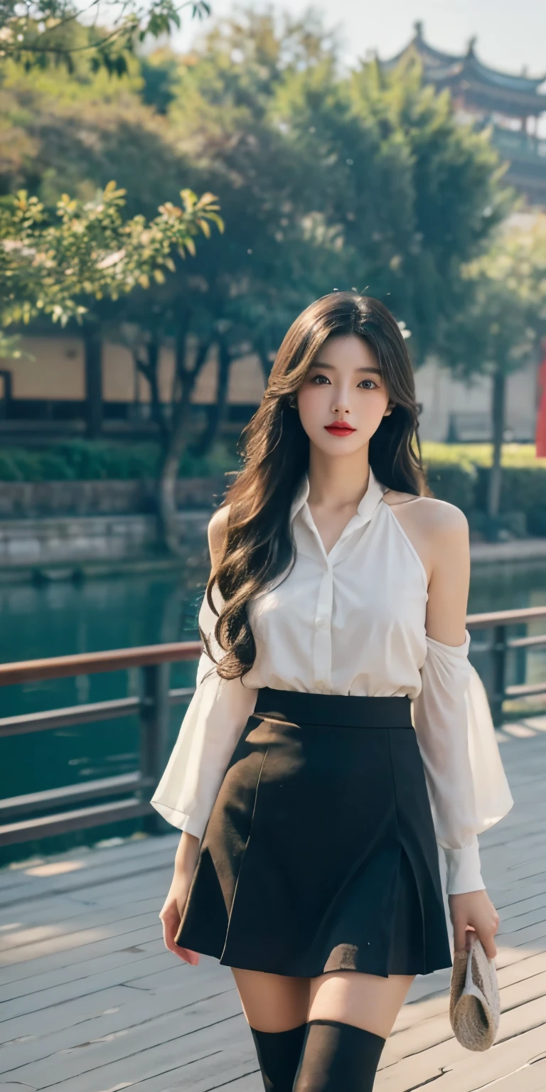 A perfect young female white-collar worker,Chinese big breasts,High picture quality,Works of masters,Black hair,Long hair shawl,Long hair flowing over the shoulders,Beach wave hairstyle,exquisite face,Hydrated red lips,stocklings,over knee socks,Vintage fringed skirt,Real Human,CG rendering,16k,Stand up,Suzhou Garden,On the bridge,Do not show your hands,(hands behind body:1.5)Close-up shot