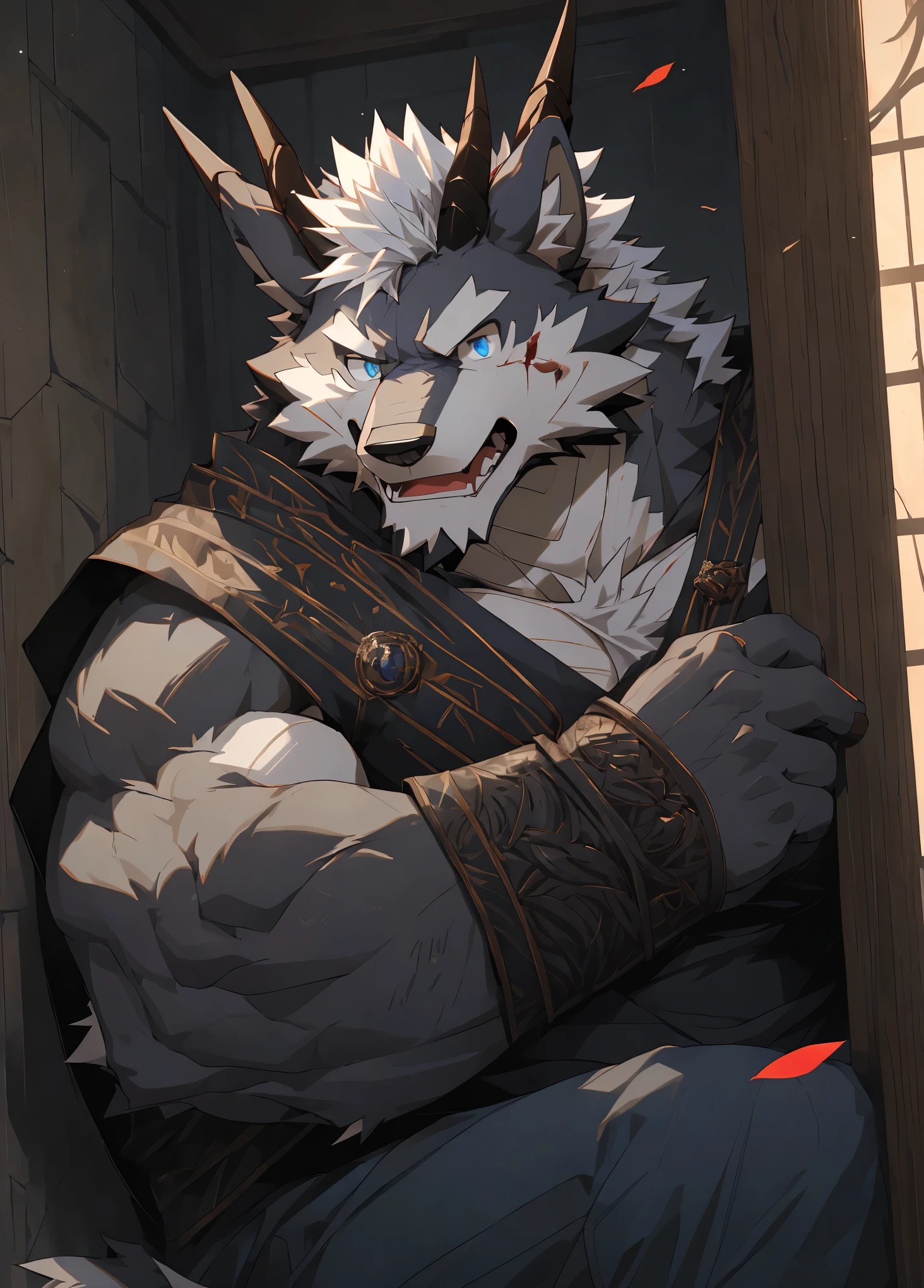 (masterpiece),Very detailed,(best quality),hairy,Wolf,male,dragon scale,black dragon horns,blue eyes,white hair,black fur,尾巴hairy的,There is blood in the left eye,Hide in a corner,(Expression of fear),Be honest and trustworthy,Handsome,8k,(high quality)