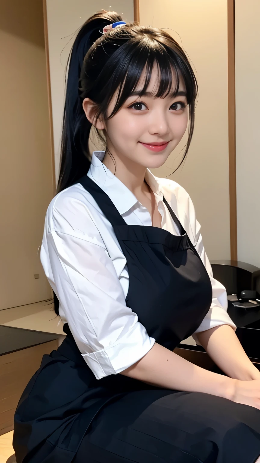 japanese woman、２３age、Childminder、ponytail、black hair、bangs、smile、big eyes、Eyebrows are slightly thick、white shirt、light brown one-piece apron、black skirt、big breasts