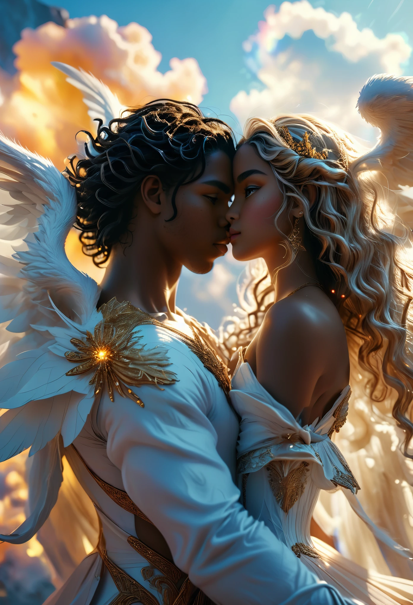 Duo in a celestial landscape, young dark-skinned duo in their 20s, in hell, they are fighting each other, he is a prince of the fallen angels with long curly caramel hair, she is a mixed-race princess, she has freckles, she is blonde with grey eyes, Full body, 8K, extremely detailed, high quality, (photorealistic:1.37), Full body, ideal proportions and defined complexion, meticulously crafted features, unreachable beauty, perfection, breathtaking elegance, g curves, goddess-like figures, divine symmetry, artistic masterpieces, vivid realism, hyper-detailed sculptures, life-like forms, truly awe-inspiring, impeccable craftsmanship, pure radiance, ethereal beauty, delicate contours, striking poses, sublime beauty, subtle nuances, dynamic compositions, vibrant colors, perfect lighting, soulful expressions, celestial aura, majestic presence, dreamlike atmosphere, unmatched gdetailed octane render trending on artstation, 8 k artistic photography, photorealistic concept art, soft natural volumetric cinematic perfect light, chiaroscuro, award - winning photograph, masterpiece, perfect composition, beautiful detailed intricate insanely
