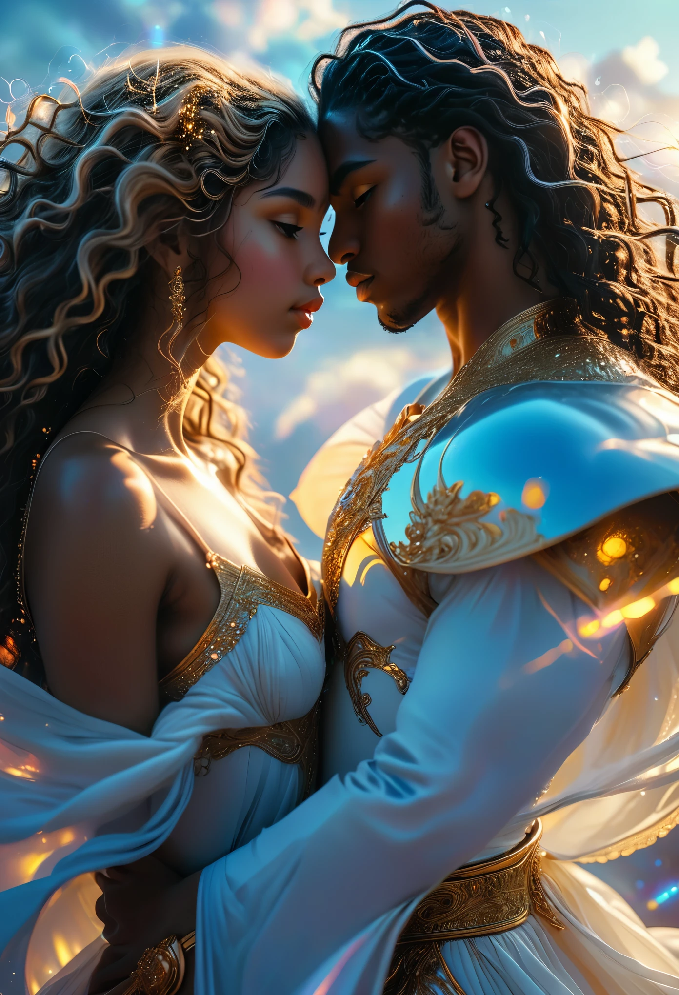 Passionate duo in a celestial landscape, young dark-skinned duo in their 20s, they are fighting each other, they stand face to face, he is a divine prince with long curly caramel hair, she is a mixed-race princess, she has freckles, she is blonde with grey eyes, Full body, 8K, extremely detailed, high quality, (photorealistic:1.37), Full body, ideal proportions and defined complexion, meticulously crafted features, unreachable beauty, perfection, breathtaking elegance, g curves, goddess-like figures, divine symmetry, artistic masterpieces, vivid realism, hyper-detailed sculptures, life-like forms, truly awe-inspiring, impeccable craftsmanship, pure radiance, ethereal beauty, delicate contours, striking poses, sublime beauty, subtle nuances, dynamic compositions, vibrant colors, perfect lighting, soulful expressions, celestial aura, majestic presence, dreamlike atmosphere, unmatched gdetailed octane render trending on artstation, 8 k artistic photography, photorealistic concept art, soft natural volumetric cinematic perfect light, chiaroscuro, award - winning photograph, masterpiece, perfect composition, beautiful detailed intricate insanely
