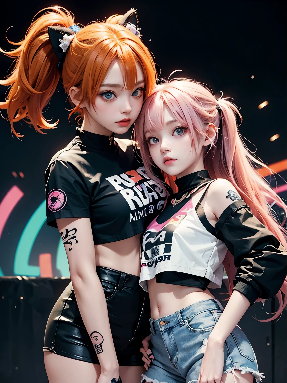 2 girls, neon orange hair, moonlight eyes, fox ear, tattoo sleeves and piercings ((Anime style)), Harajuku-inspired hip-hop clothing, soft colors, neon paint splattered background, Soft stroke