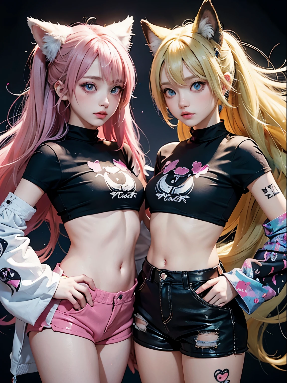 2 girls, neon blonde hair, moonlight eyes, fox ear, tattoo sleeves and piercings ((Anime style)), Harajuku-inspired hip-hop clothing, soft colors, neon paint splattered background, Soft stroke