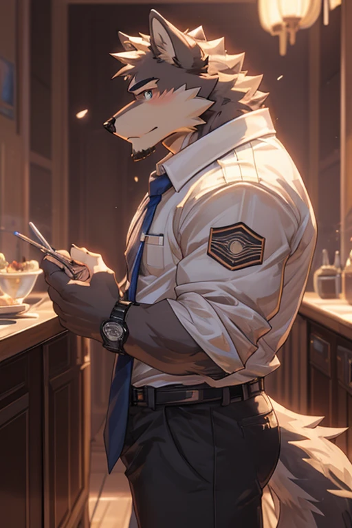 wolf, big muscular, white shirt, 1boy, white shirt, upper body, male focus, collared shirt, pants, look to side, pectoral muscles,  watch, wolf ears, beard, blush cool face, handsome, black high-vis jacket.